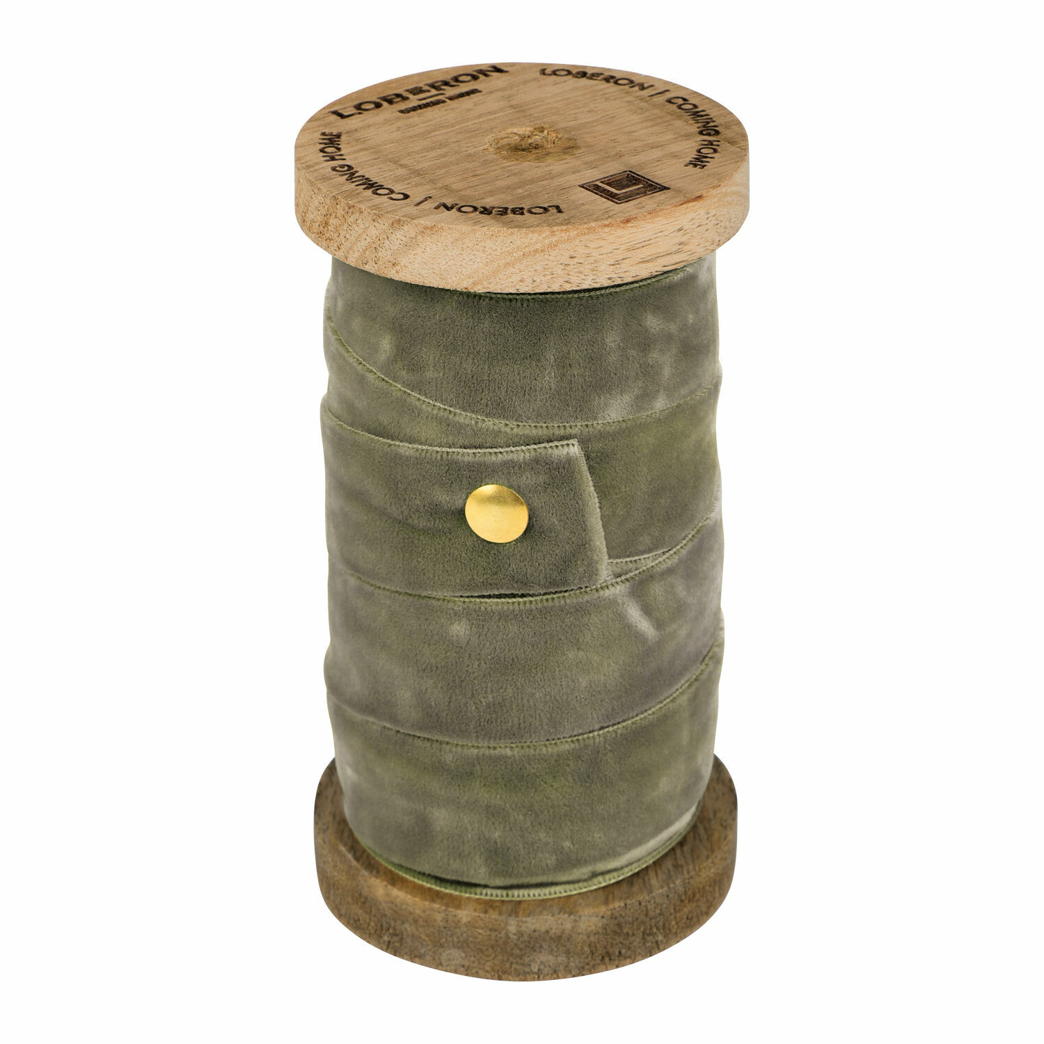 Nastro di velluto oliva su rocchetto di legno per decorazioni e fai-da-te