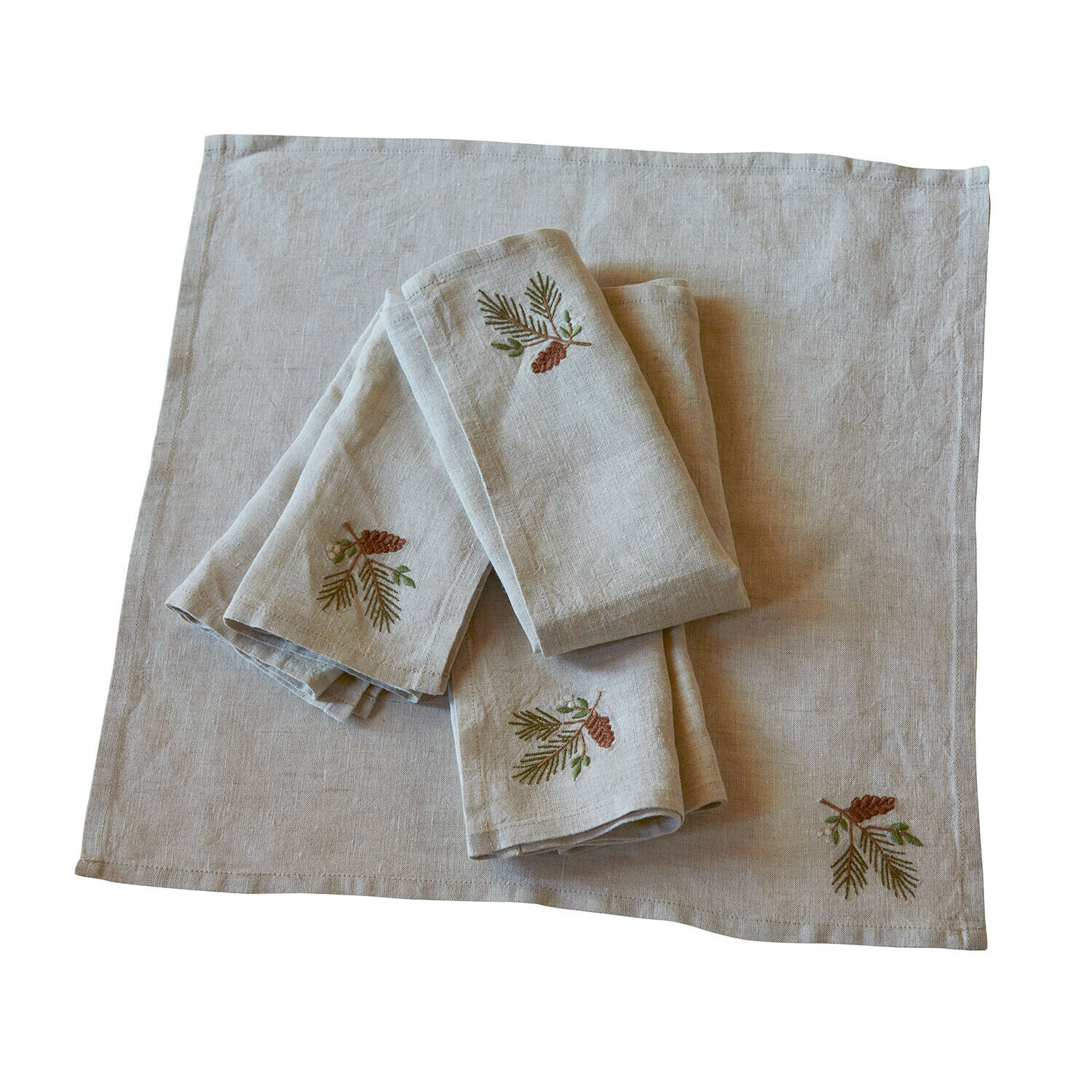 Set di 4 tovaglioli Arlida Tovaglioli in lino beige con ricamo di pigne e rami, decorazione naturale per la tavola