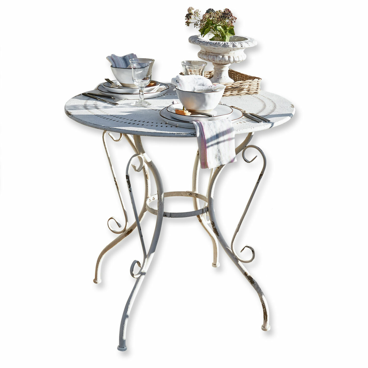 Tavolino Aube Tavolo rotondo in metallo bianco con gambe decorative e stoviglie, ideale per terrazza o balcone
