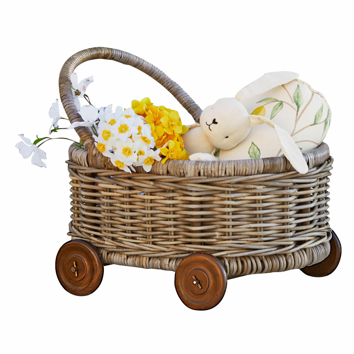 Carrellino Narivena Cesto in vimini su ruote con coniglio di peluche e fiori decorativi gialli e bianchi