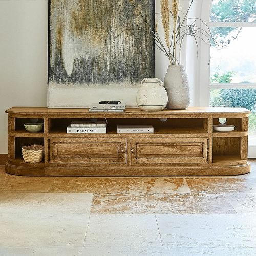 Mobile TV basso in legno colore naturale con ripiani e cassetti per soggiorno