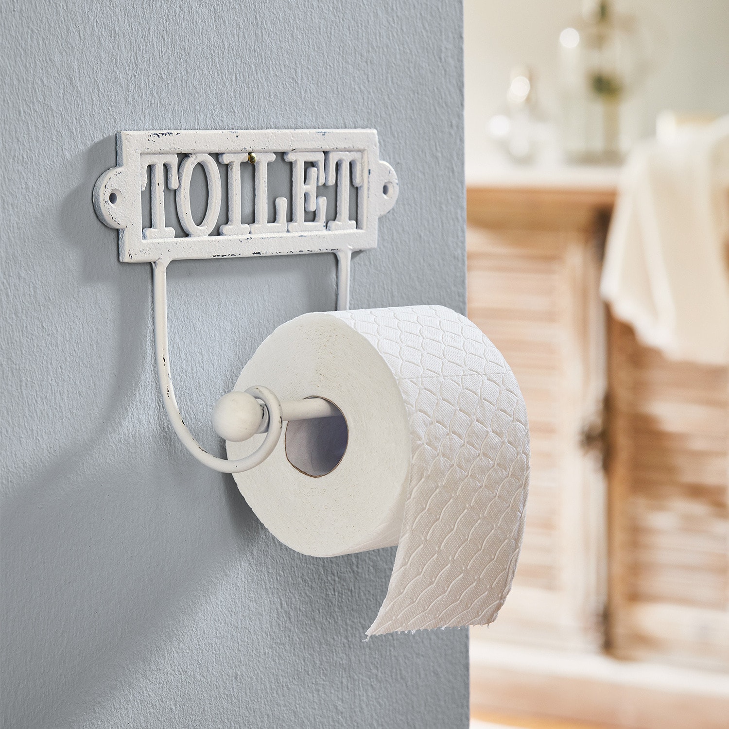 Portarotolo Miramas Porta rotolo di carta igienica in metallo bianco con scritta TOILET stile vintage per bagno