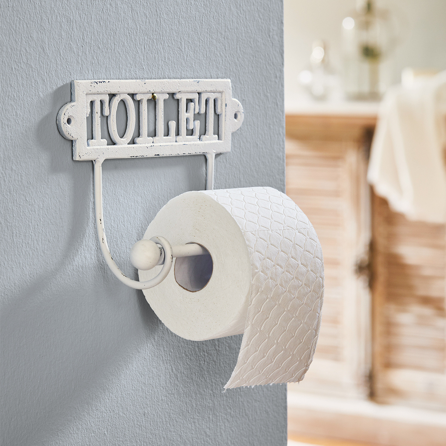 Portarotolo Miramas Porta rotolo di carta igienica in metallo bianco con scritta TOILET stile vintage per bagno
