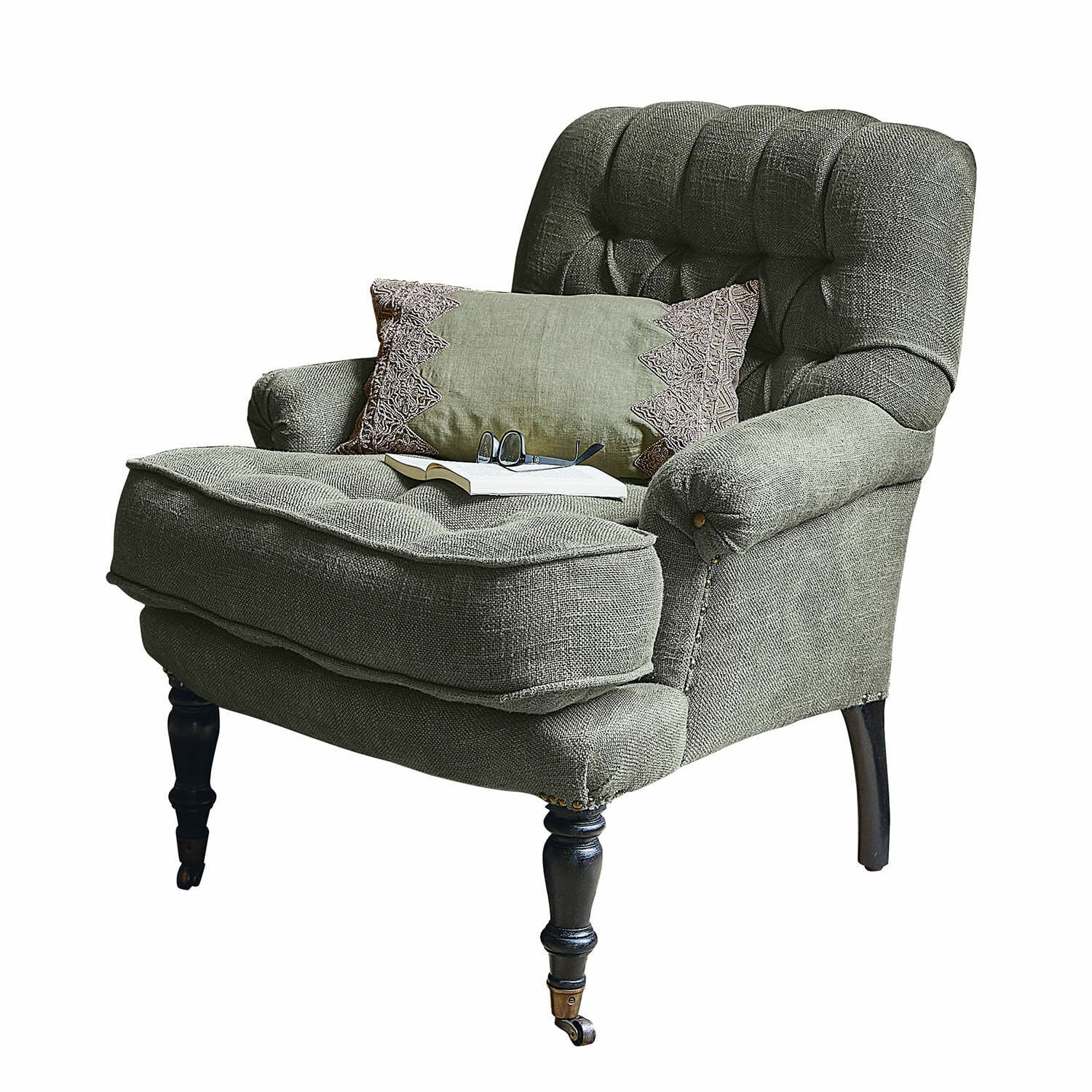 Poltrona Gyldford Poltrona grigia imbottita con cuscino decorativo e gambe in legno con ruote, comoda