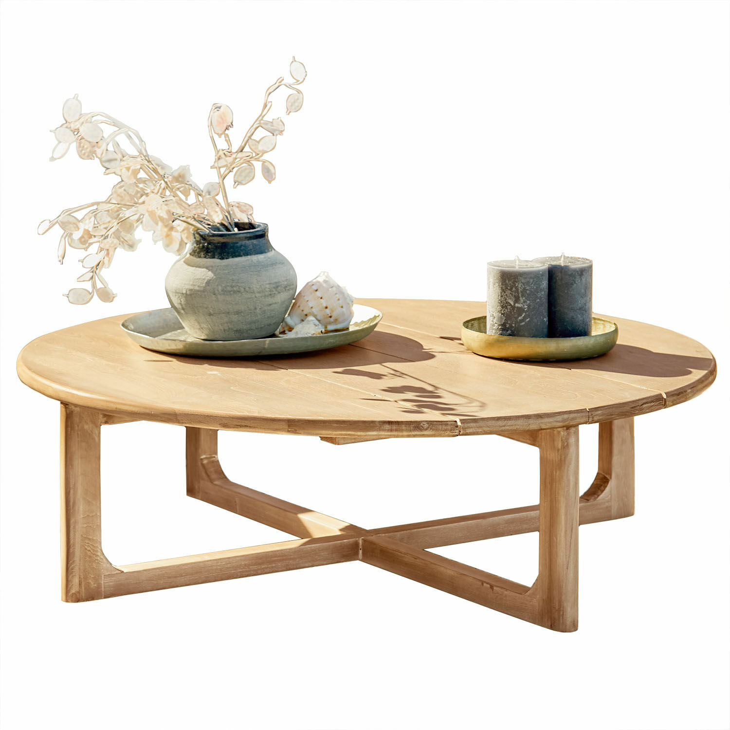 Tavolino da caffè Tewksbury Tavolino rotondo in legno di teak naturale con decorazioni sul piano