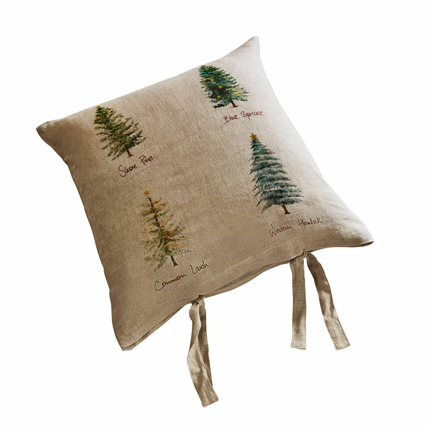 Copricuscino Jarrier Cuscino beige in lino con stampa di pini e abeti, cuscino decorativo per soggiorno