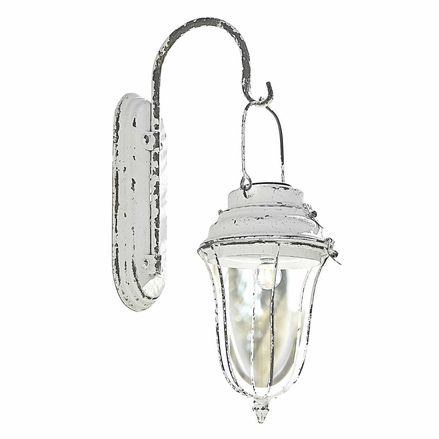 Lanterna solare Galexor Applique da parete vintage in metallo bianco con paralume trasparente e lampadina LED