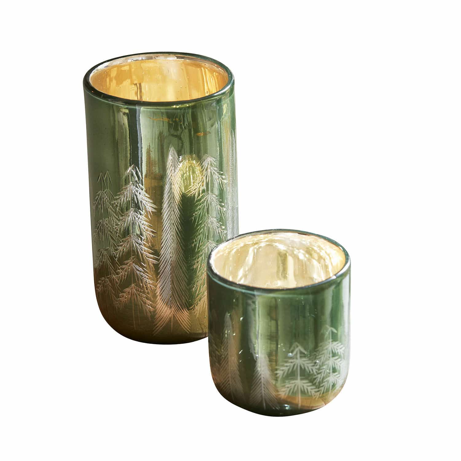 Coppia di portalumini Harifaz Set di due portacandele in vetro verde con motivo alberi e interno dorato per decorazione casa