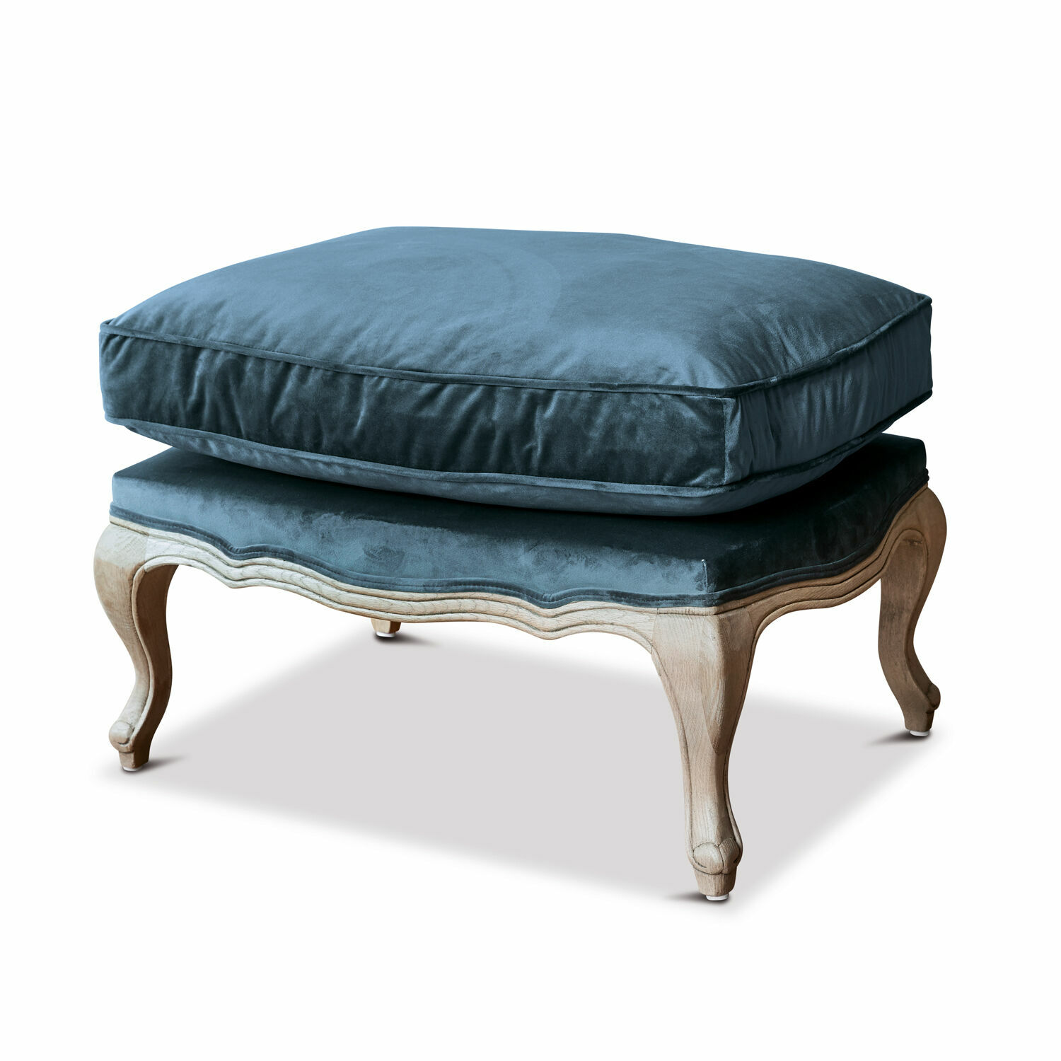 Pouf Corlay Poggiapiedi con gambe in legno e cuscino in velluto blu per soggiorno