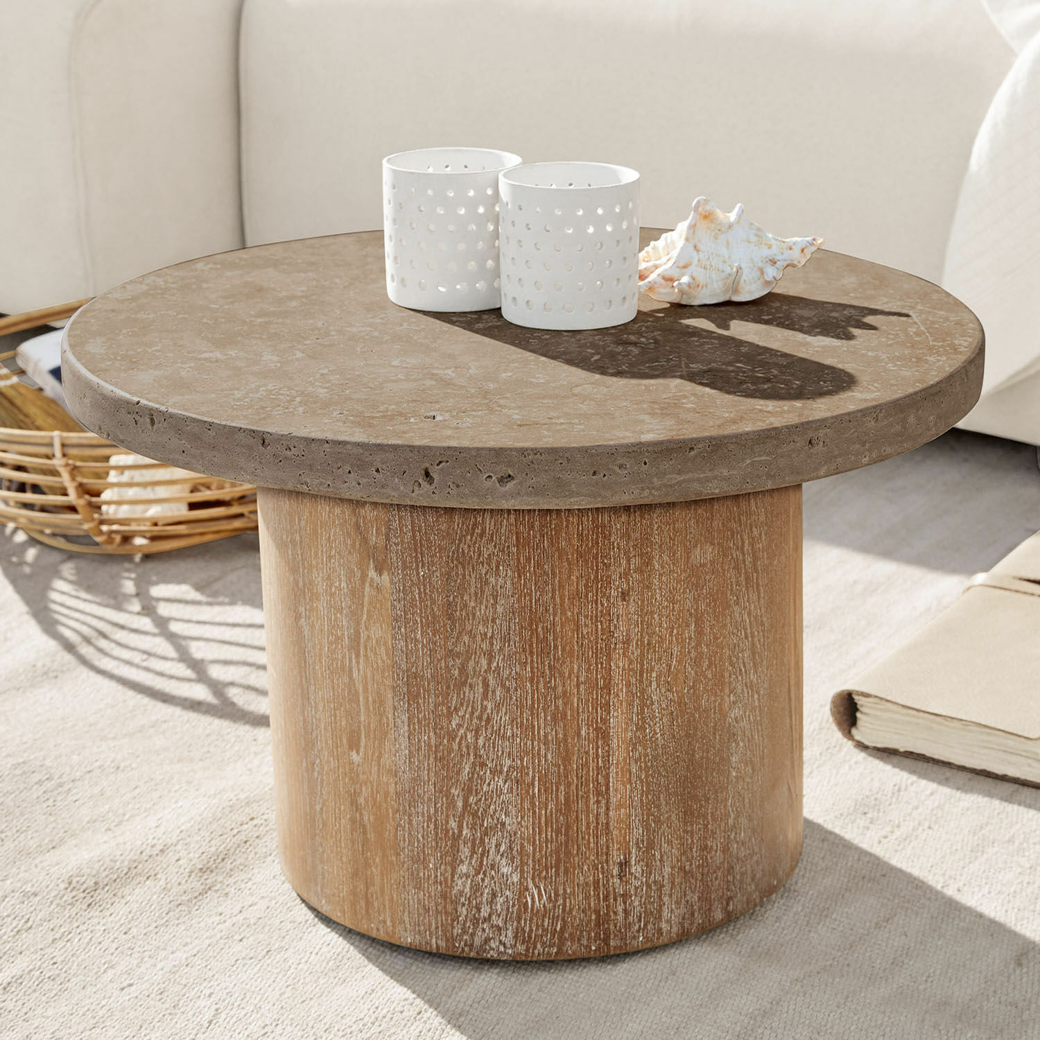 Tavolino da salotto Clearwater Tavolino rotondo con piano in pietra marrone e base in legno chiaro per soggiorno