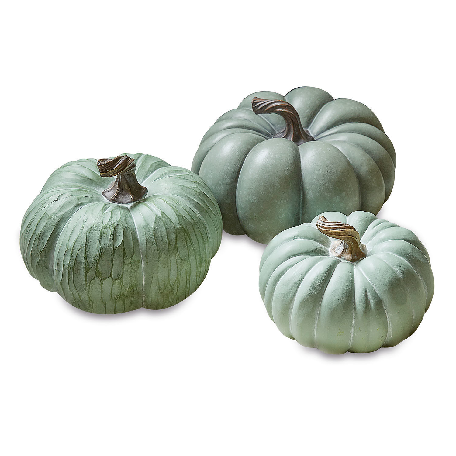 Set di 3 zucche decorative Villazon Set di tre zucche decorative verdi in plastica per decorazioni autunnali d'interni