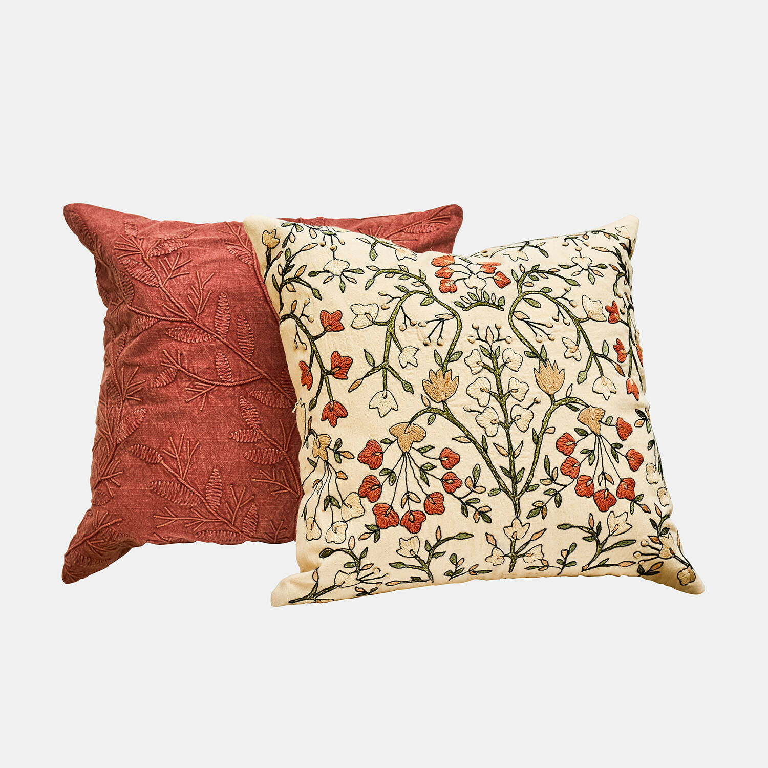 Coppia di copricuscini Calévine Set di due cuscini decorativi con ricamo floreale e motivo di foglie rosse