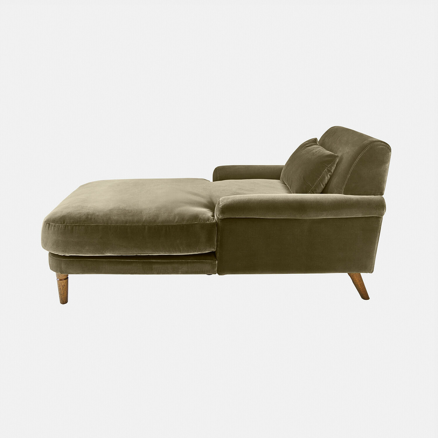 verde Chaiselongue Jouvrelle verde in morbido velluto con gambe in legno, comoda per il relax in soggiorno