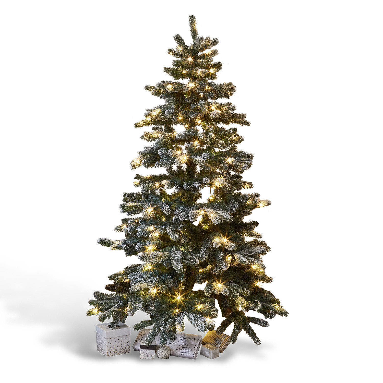 Albero di Natale Mannier Albero di Natale artificiale con rami innevati e luci LED calde, regali alla base