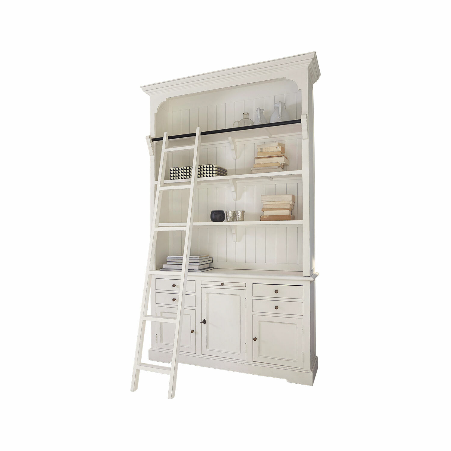 Credenza Monts Libreria bianca in legno con scala e ripiani per libri e decorazioni da soggiorno