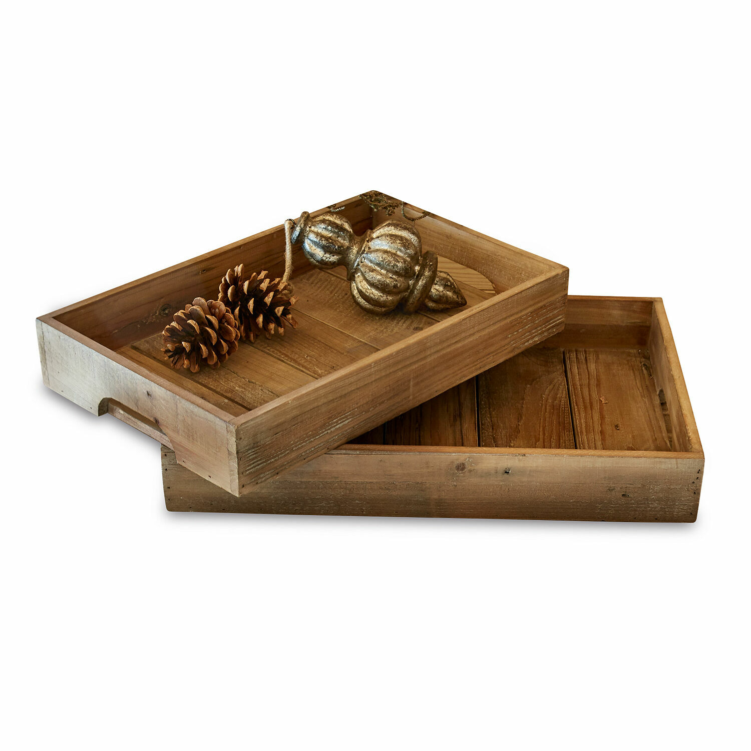 Coppia di vassoi Kerbella Vassoi in legno naturale con decorazioni di pigne e ornamento dorato rustico