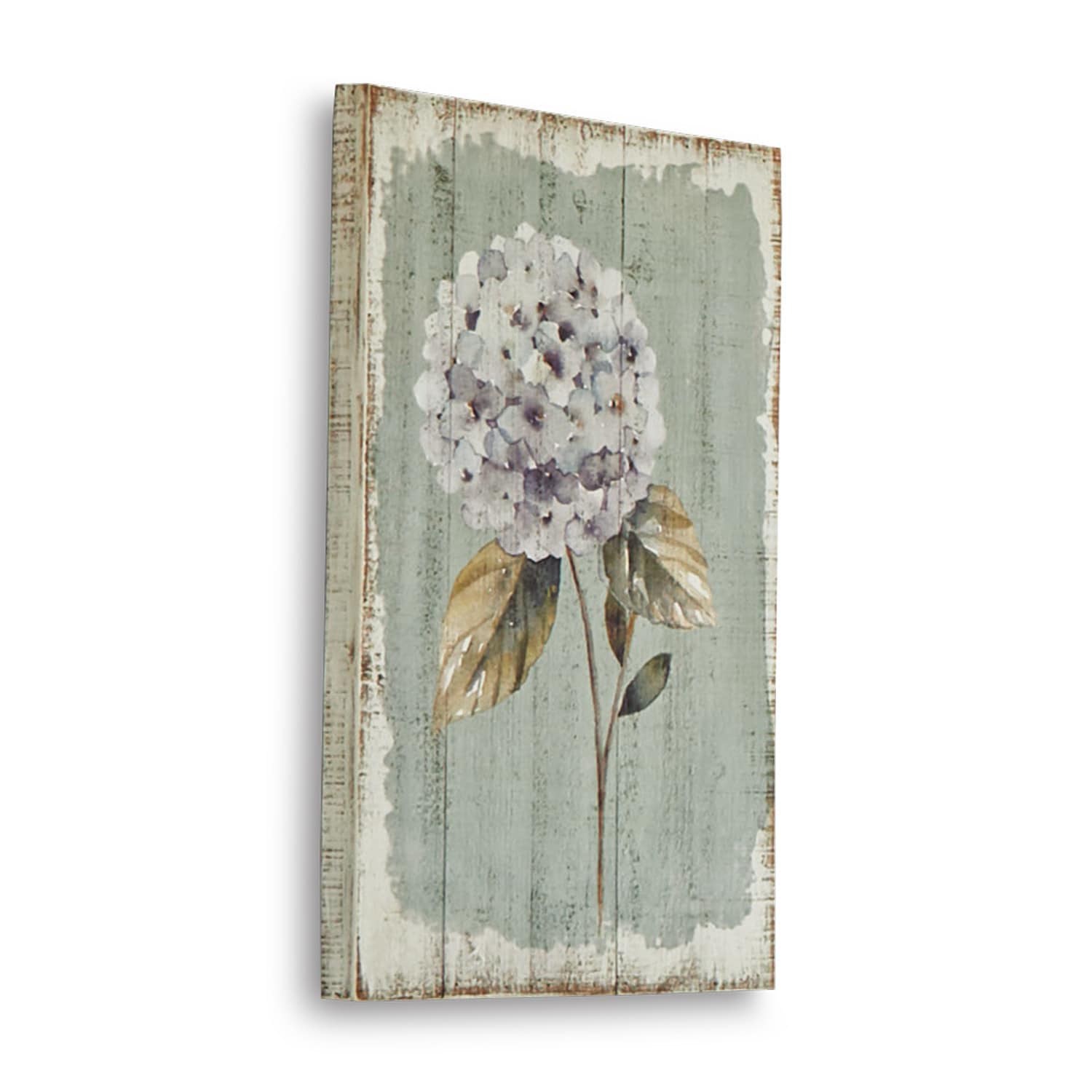 Stampa su legno Isle Quadro in legno con fiore bianco di ortensia su sfondo verde per decorazione da parete