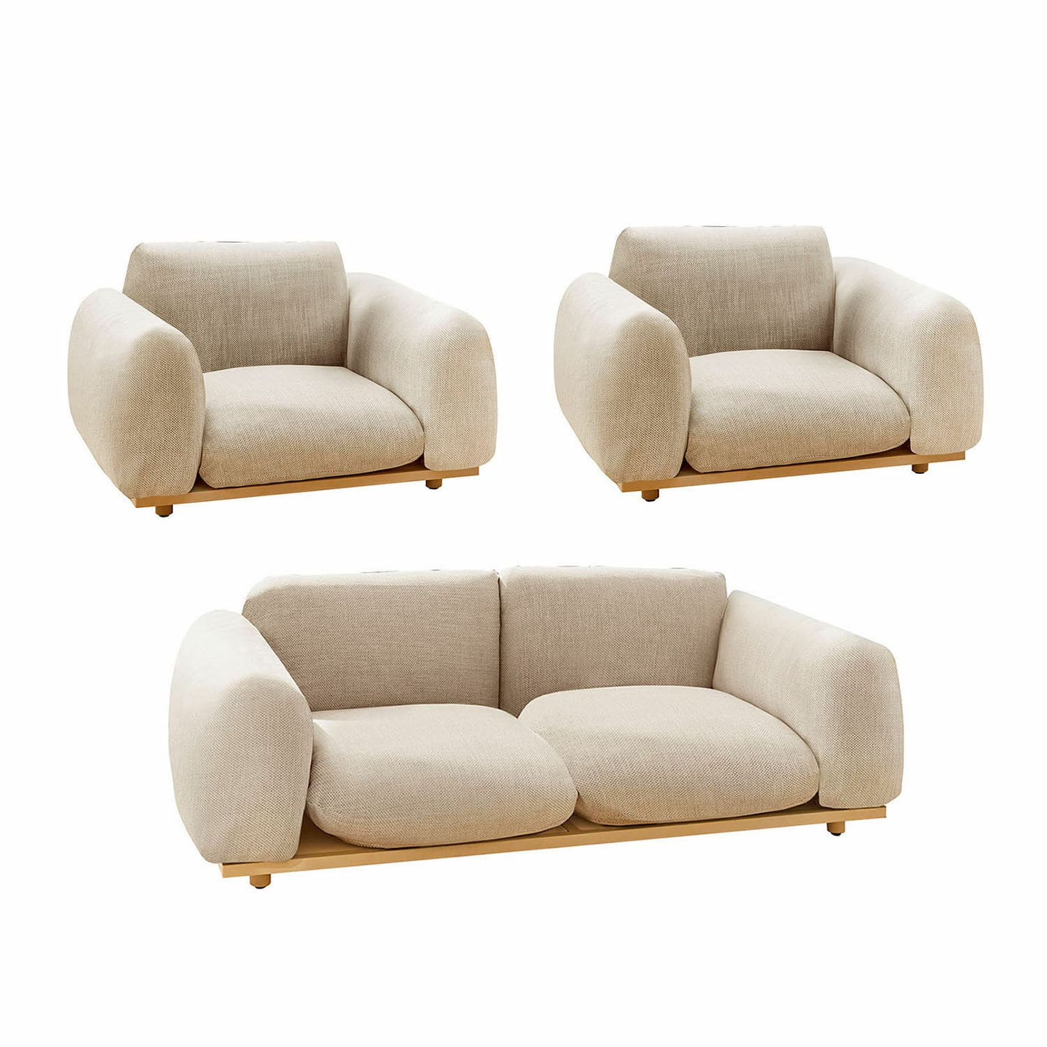 Salottino Savinard Set di divano e poltrone beige in tessuto con base in legno, mobili moderni e confortevoli