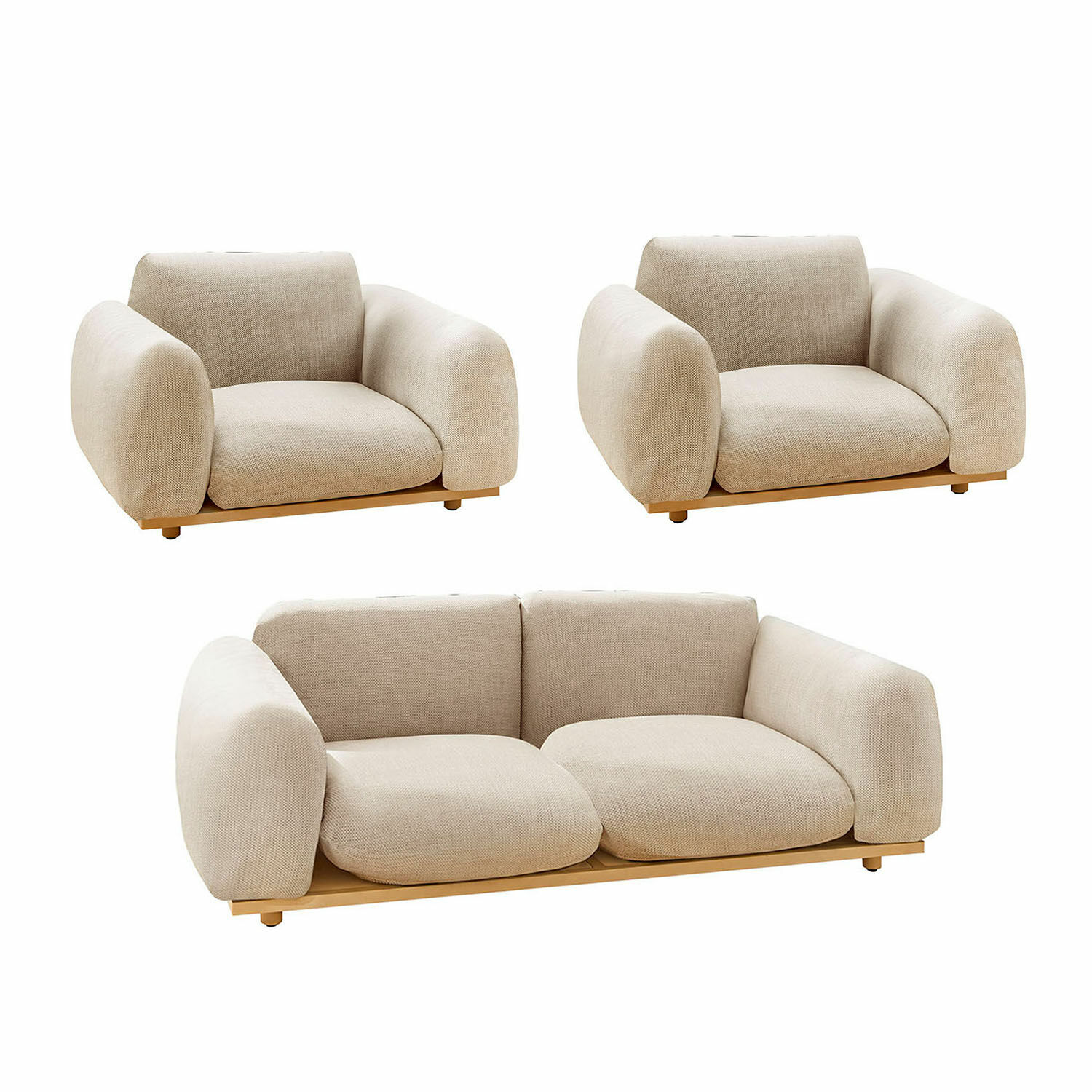 Salottino Savinard Set di divano e poltrone beige in tessuto con base in legno, mobili moderni e confortevoli