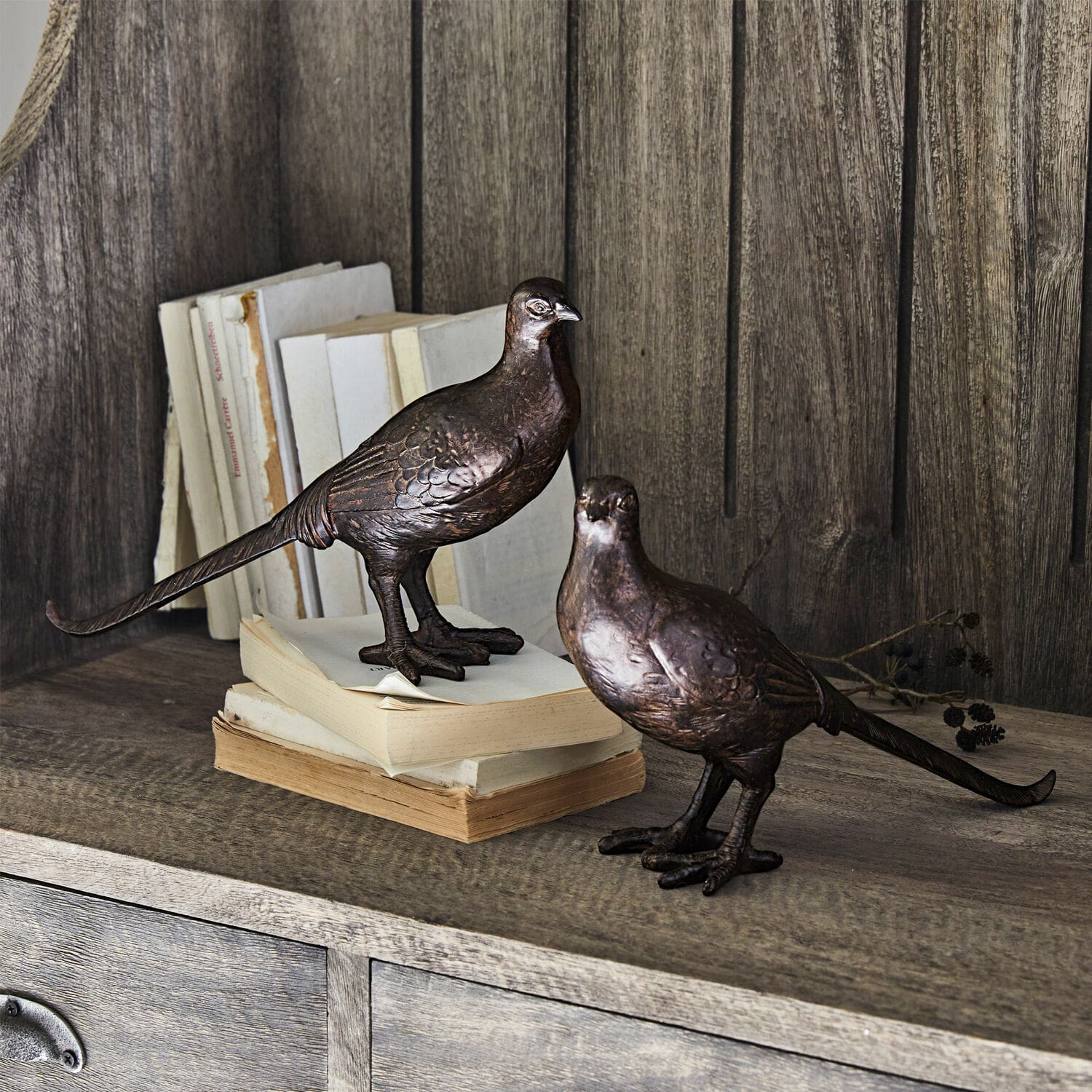 Coppia di uccellini decorativi Roddy Figure decorative di uccelli in metallo marrone su mensola in legno con libri