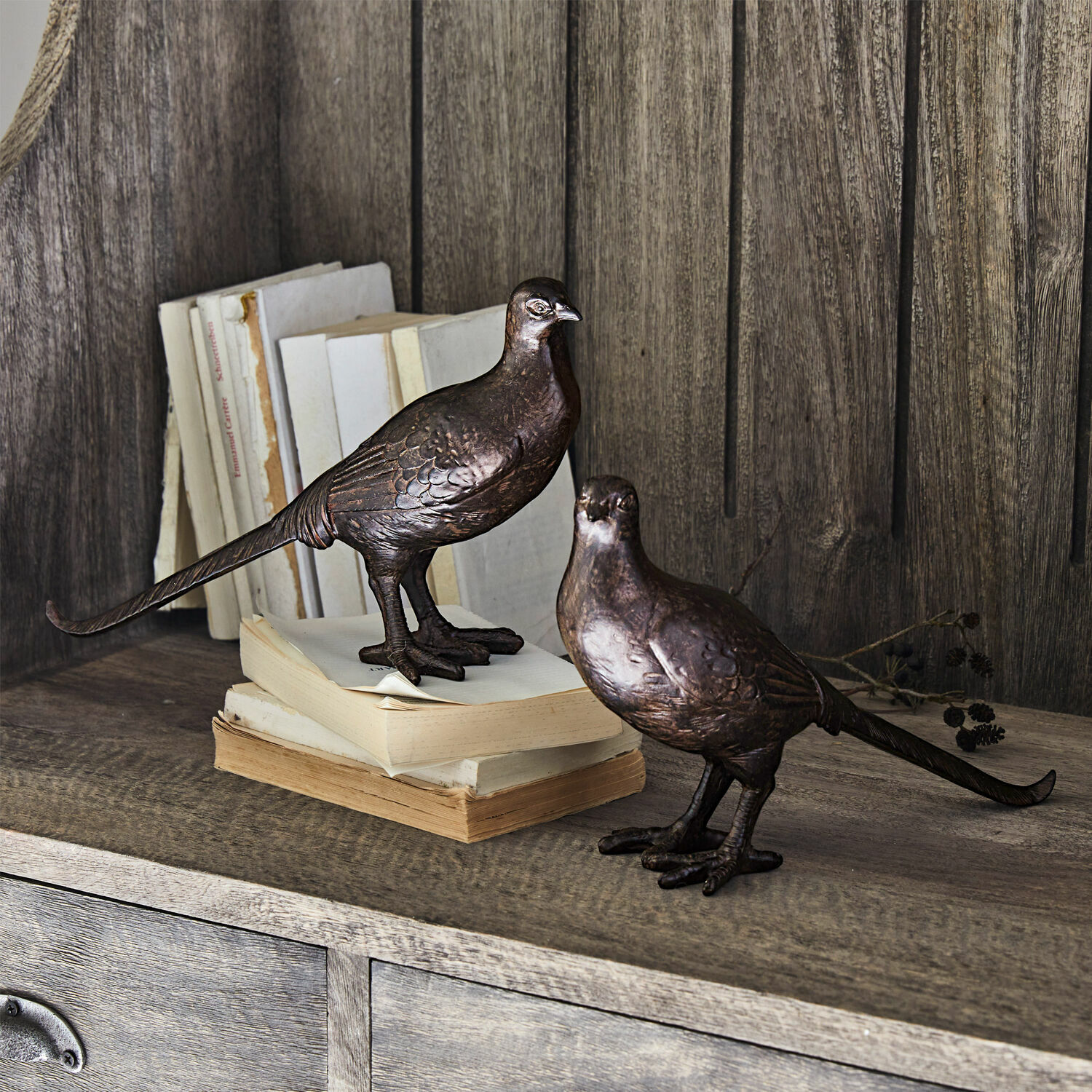 Coppia di uccellini decorativi Roddy Figure decorative di uccelli in metallo marrone su mensola in legno con libri