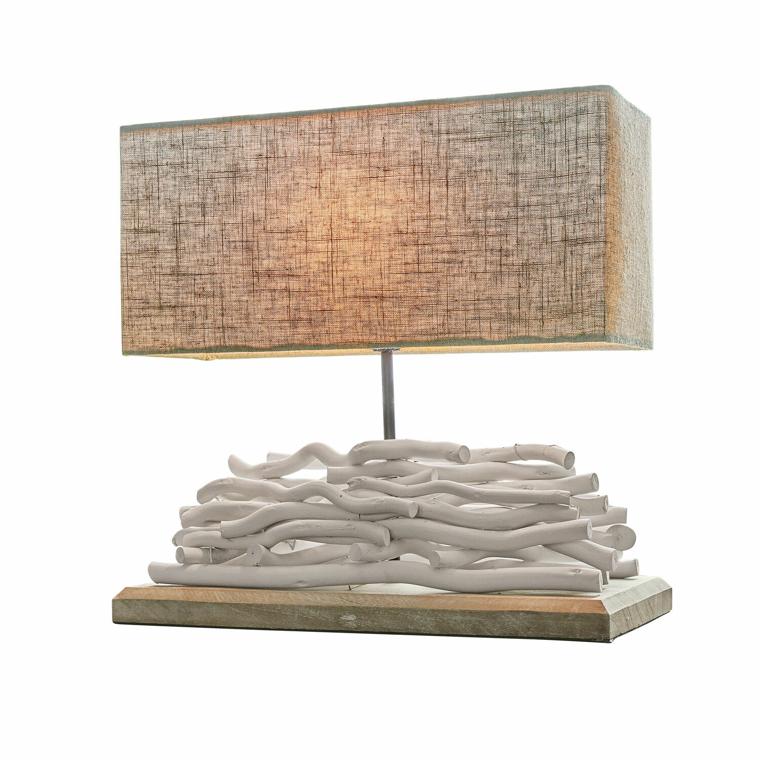lino/bianco Lampada da tavolo Caribou con base in legno bianco e paralume beige in tessuto, lampada decorativa