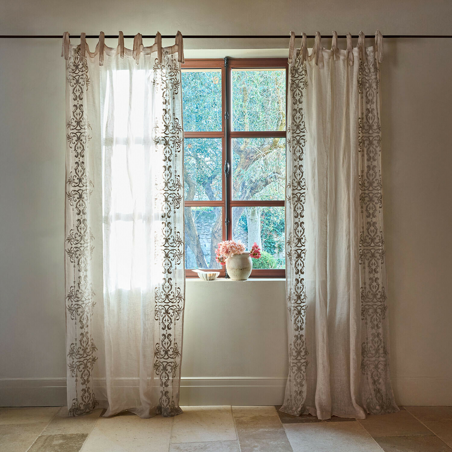 Tenda Damienie Tende trasparenti in lino beige con motivo decorativo, leggere ed eleganti per il soggiorno