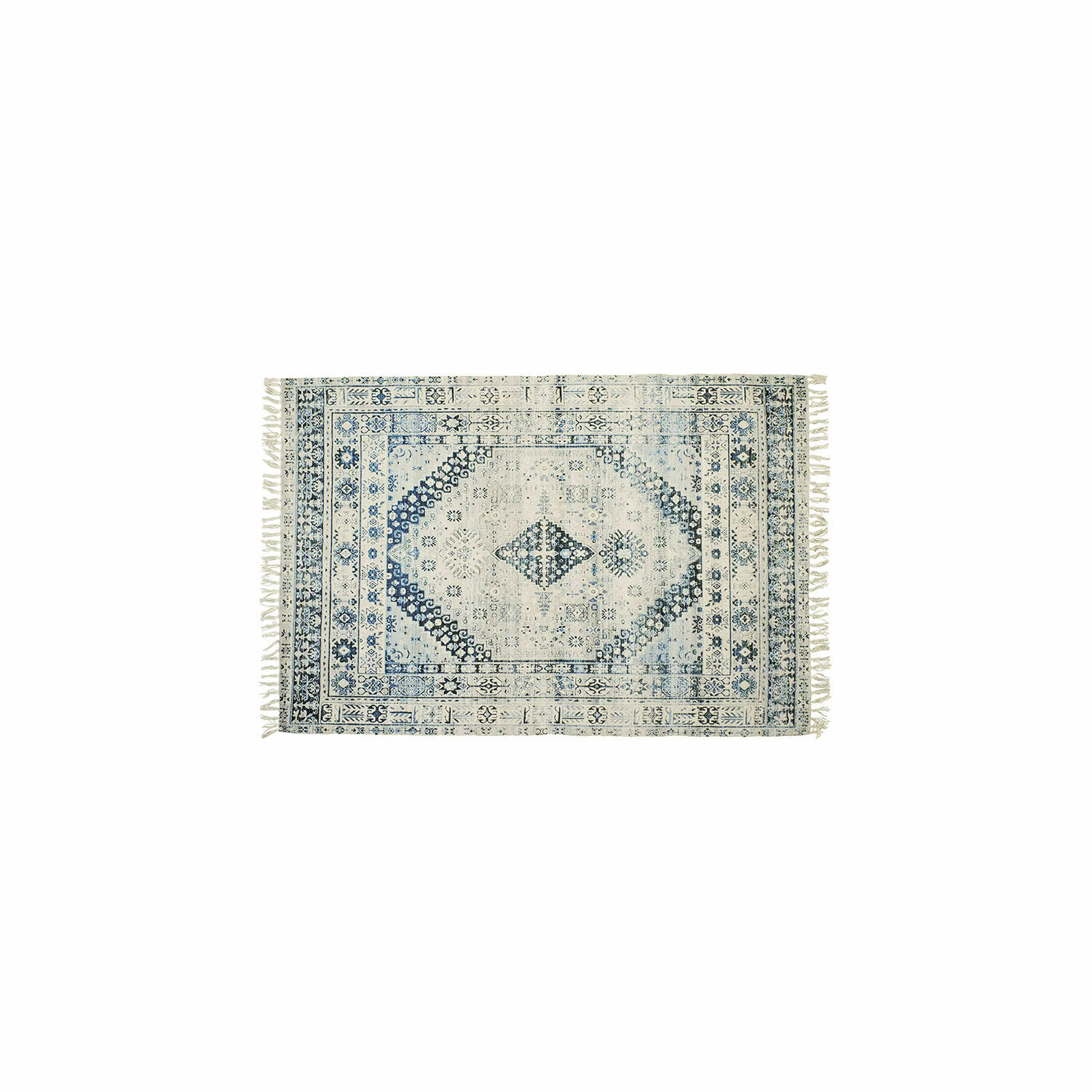 Tappeto per esterni e interni Daly Tappeto in cotone crema con motivi blu e frange, decorazione elegante per soggiorno