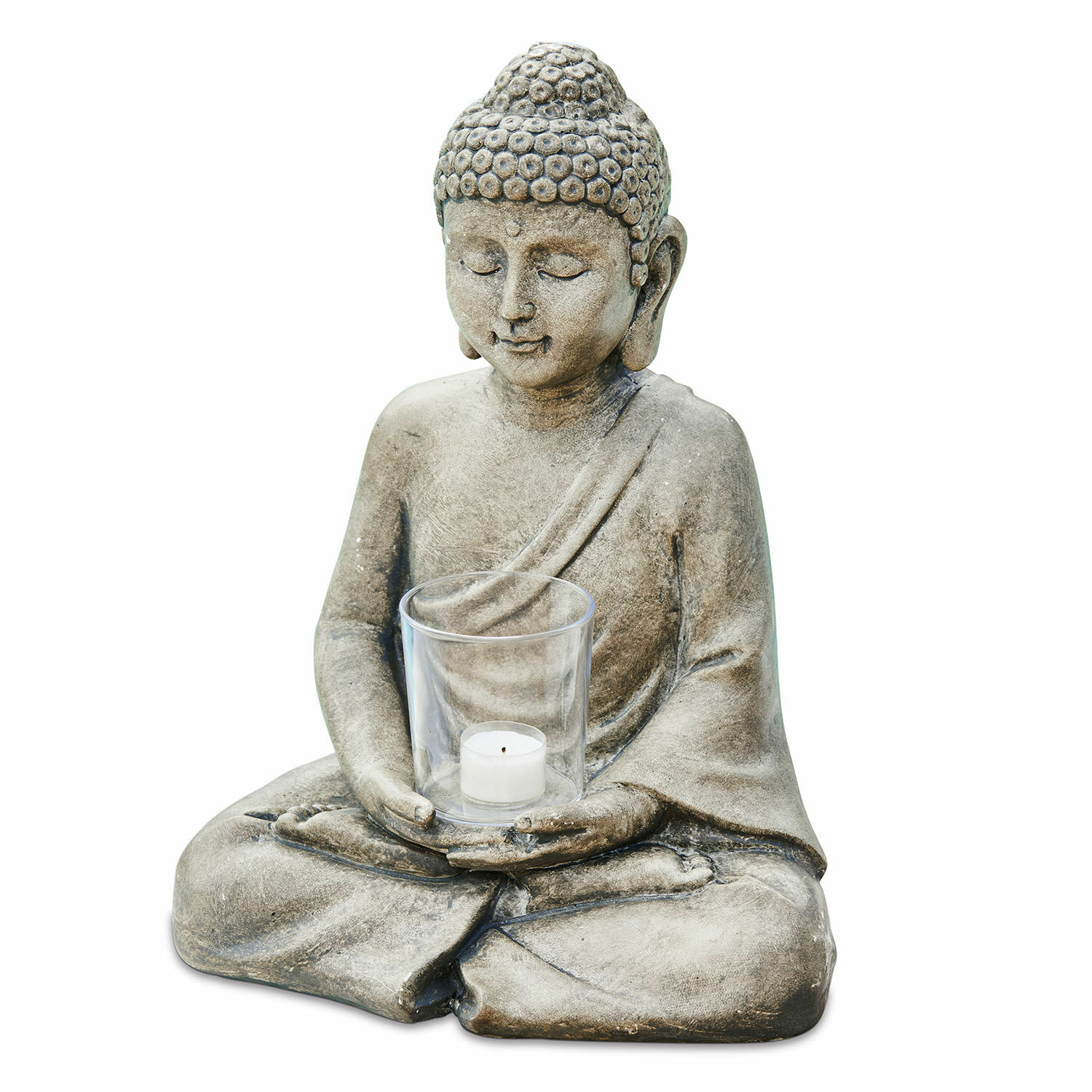 Portacandela Sylvain Statua di Buddha in pietra grigia con portacandela trasparente per tealight, decorazione zen