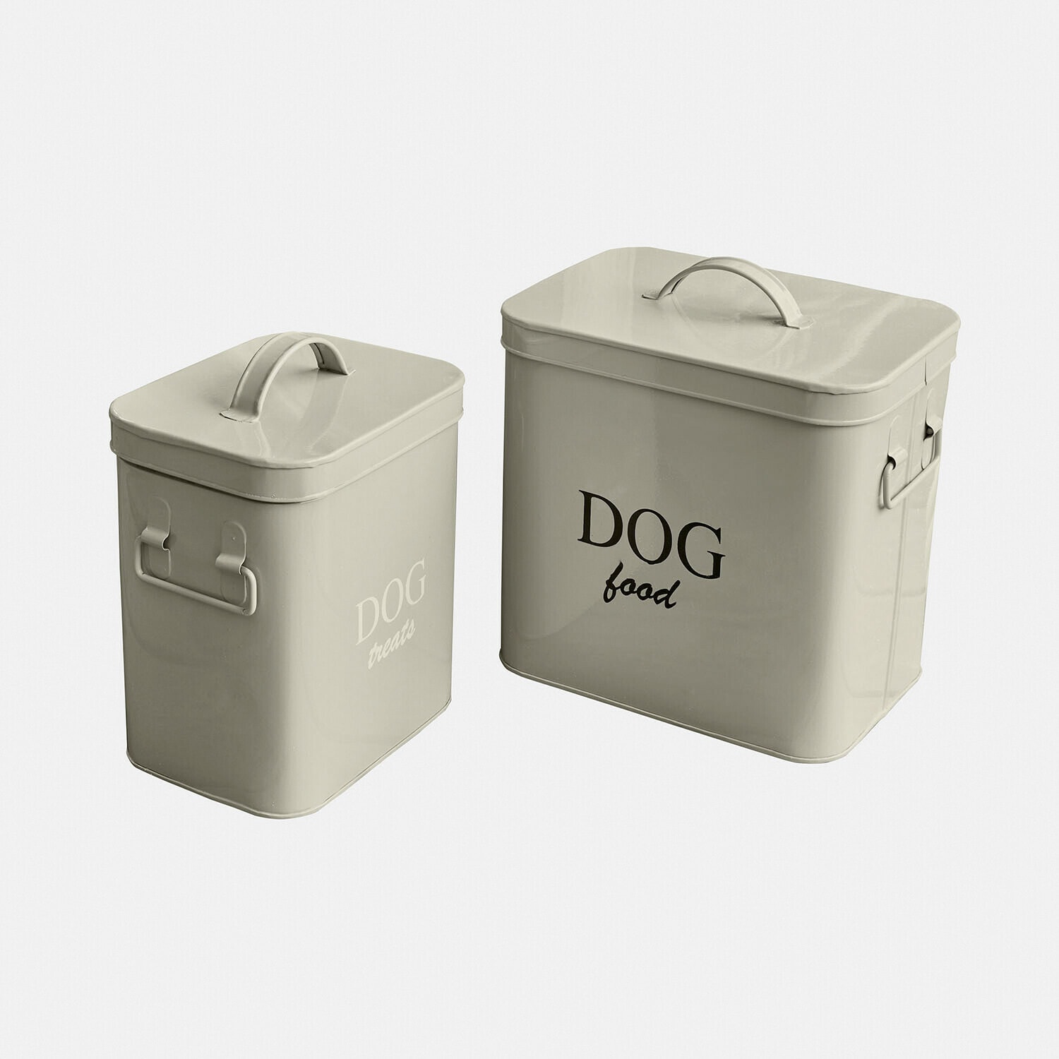 Contenitori in metallo beige per cibo e snack per cani con maniglie e coperchi