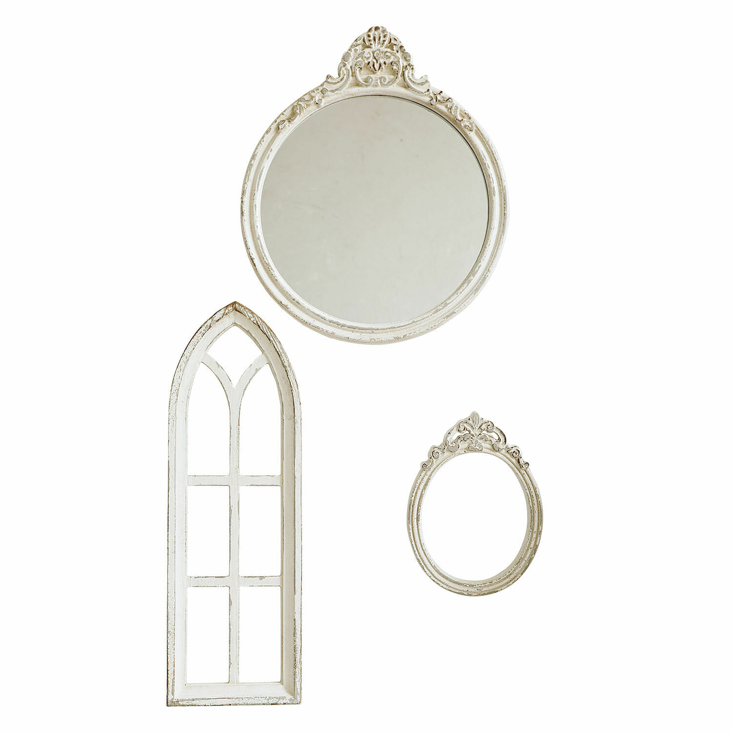 Set di specchio e 2 finestrelle decorative Morilev Set di tre specchi bianchi in legno con cornici decorative per decorazione da parete