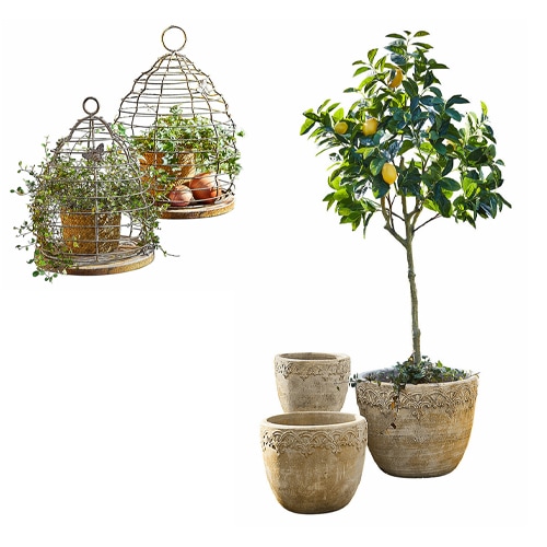 Set di tre vasi in ceramica beige con piante e gabbie decorative in metallo