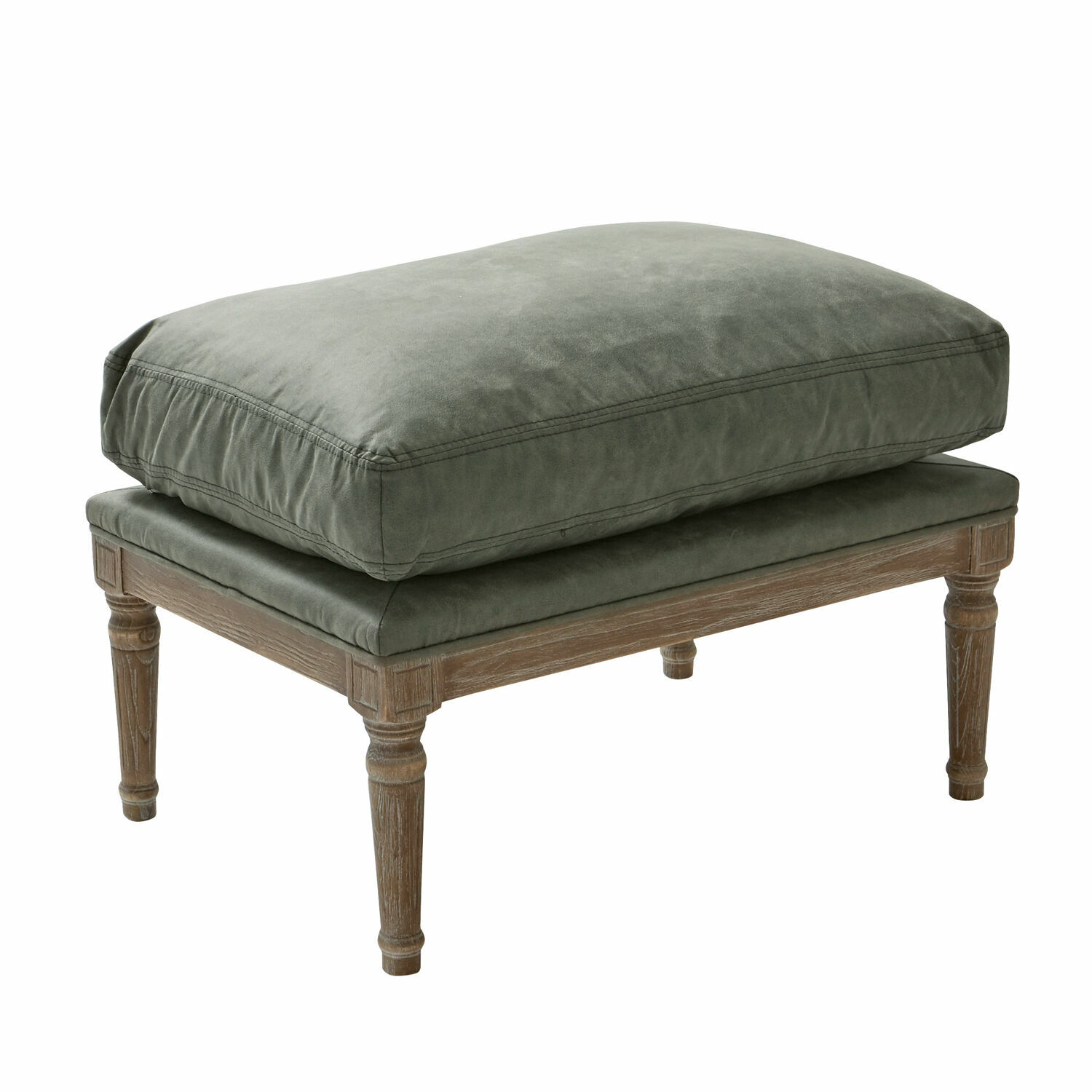 Sgabello Greenbrier Poggiapiedi con struttura in legno e rivestimento verde in velluto, seduta comoda per soggiorno