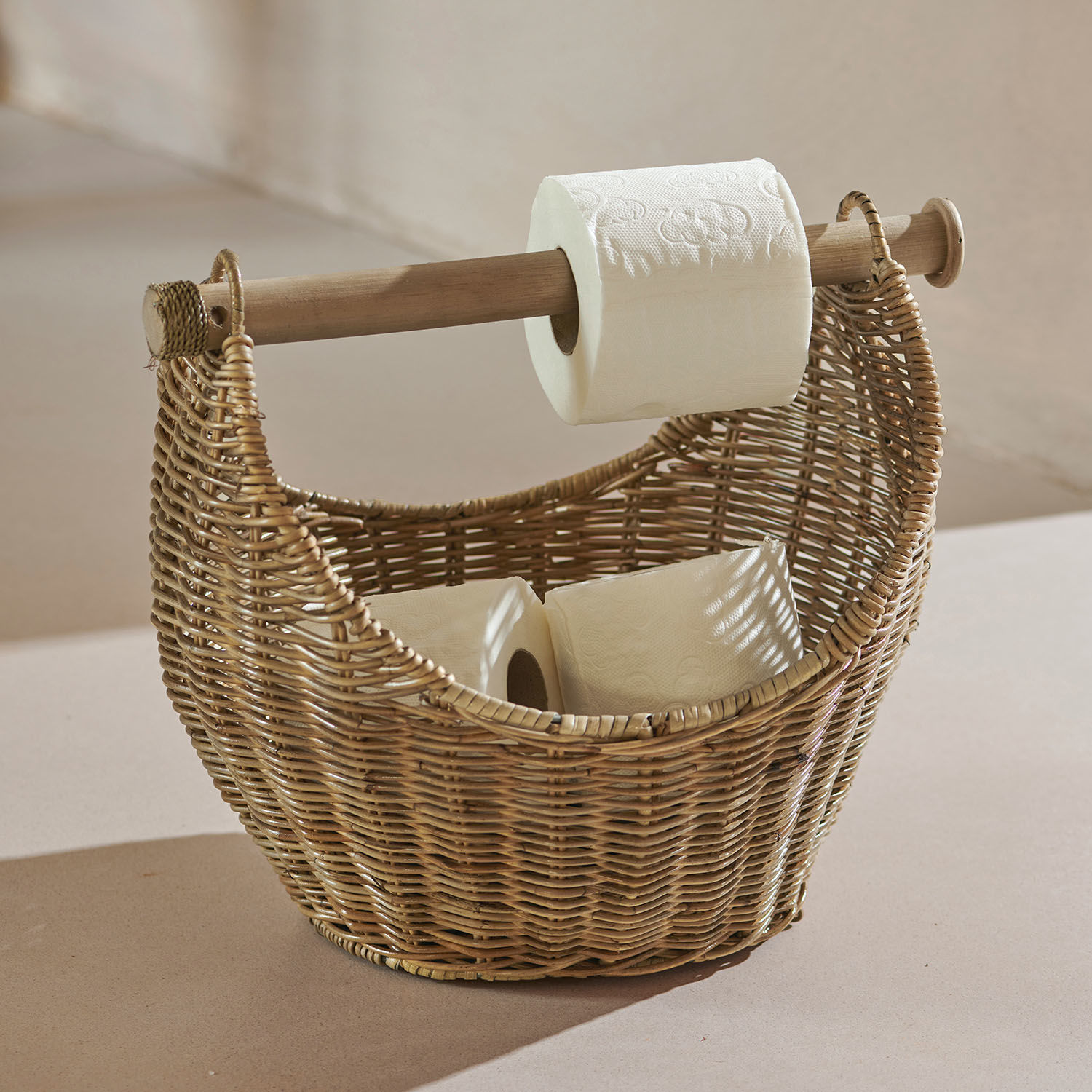 Portarotolo Liope Cesto in rattan naturale con supporto per carta igienica e rotoli di ricambio