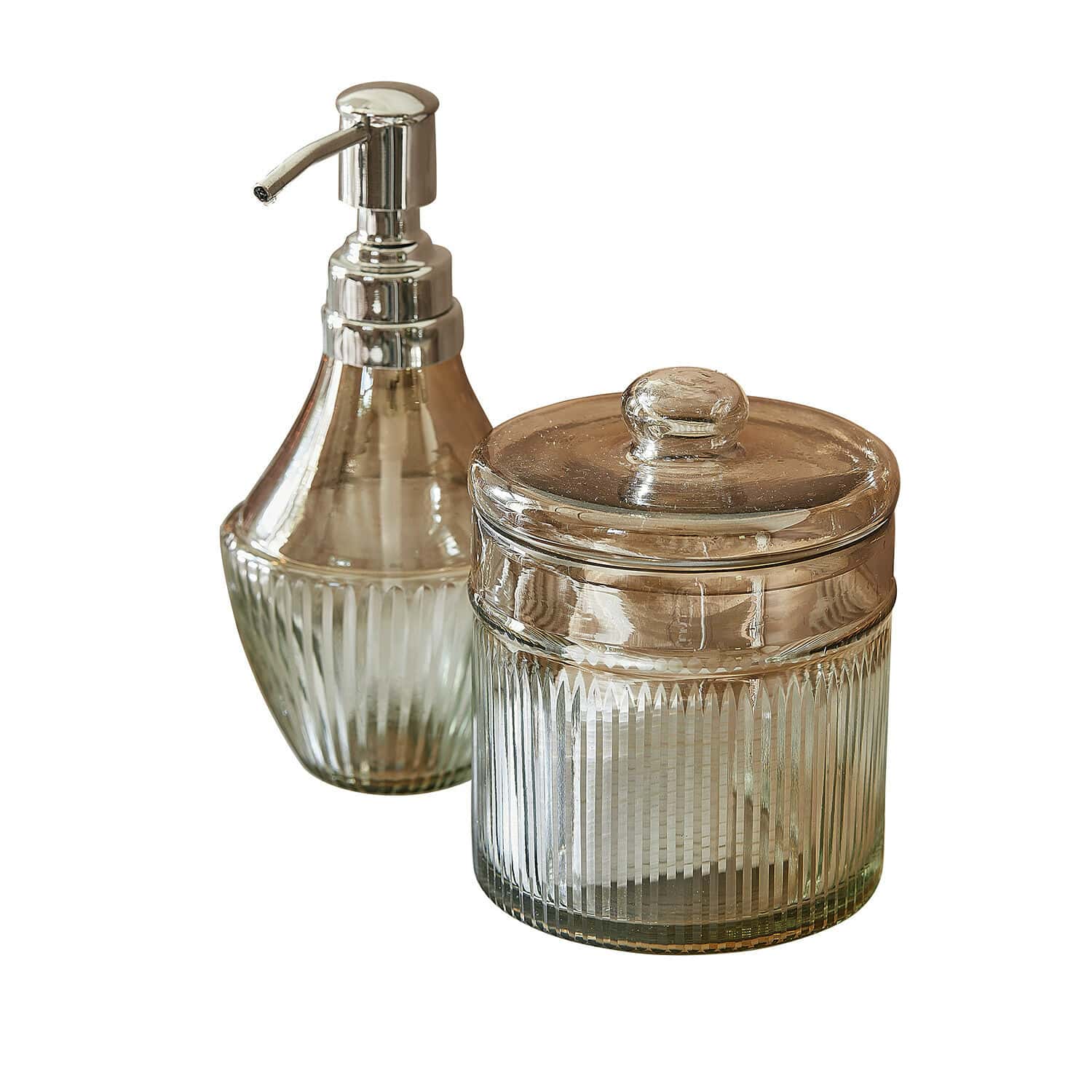Set per bagno Jolivienne Dispenser e contenitore da bagno in vetro fumé per conservare cosmetici con stile