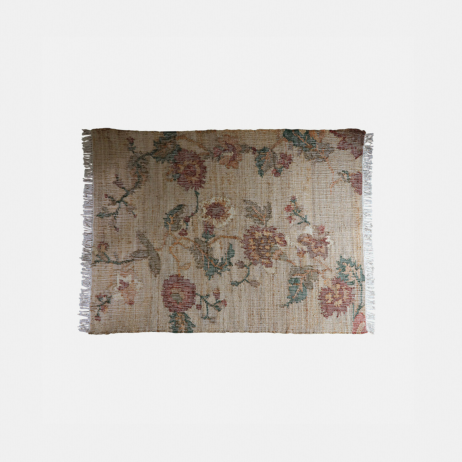 Tappeto Caléndoro Tappeto beige in materiale naturale con motivo floreale e frange ai lati per arredamento casa