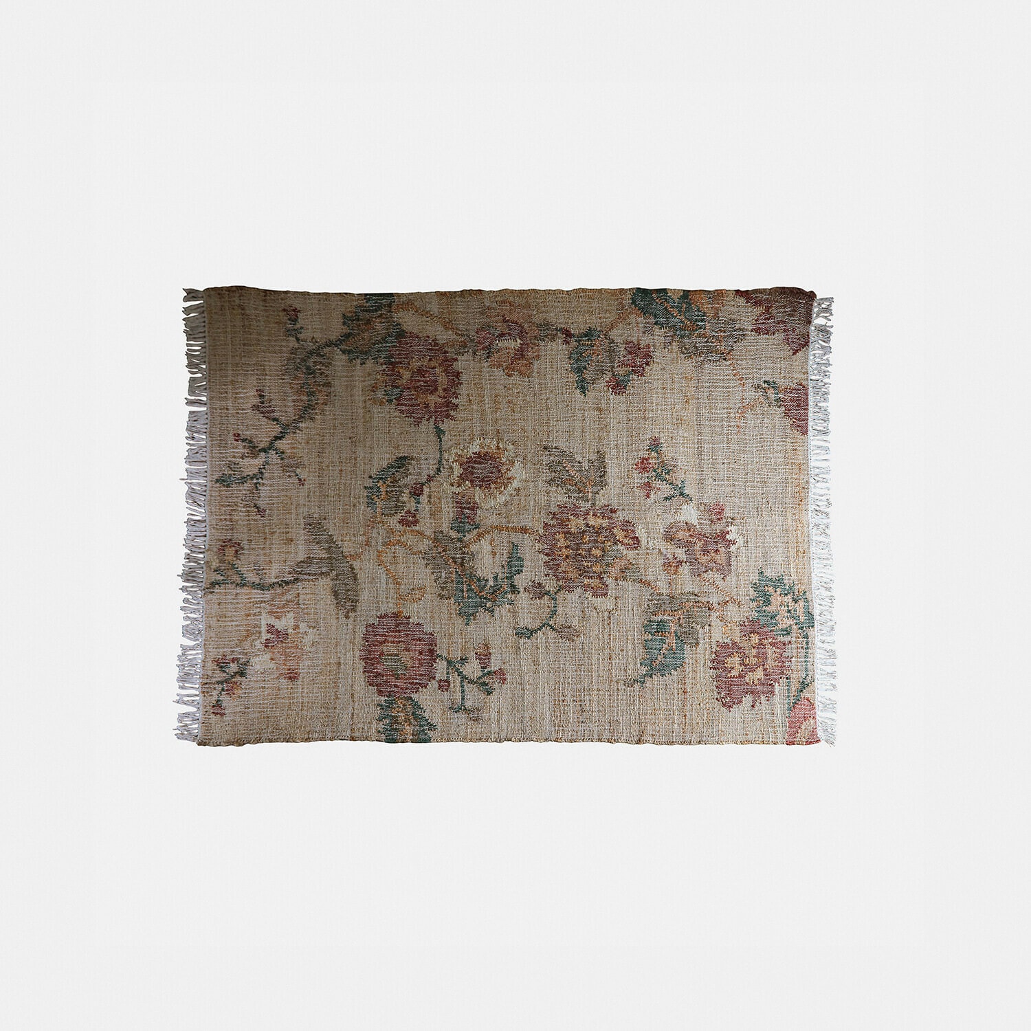 Tappeto Caléndoro Tappeto beige in materiale naturale con motivo floreale e frange ai lati per arredamento casa