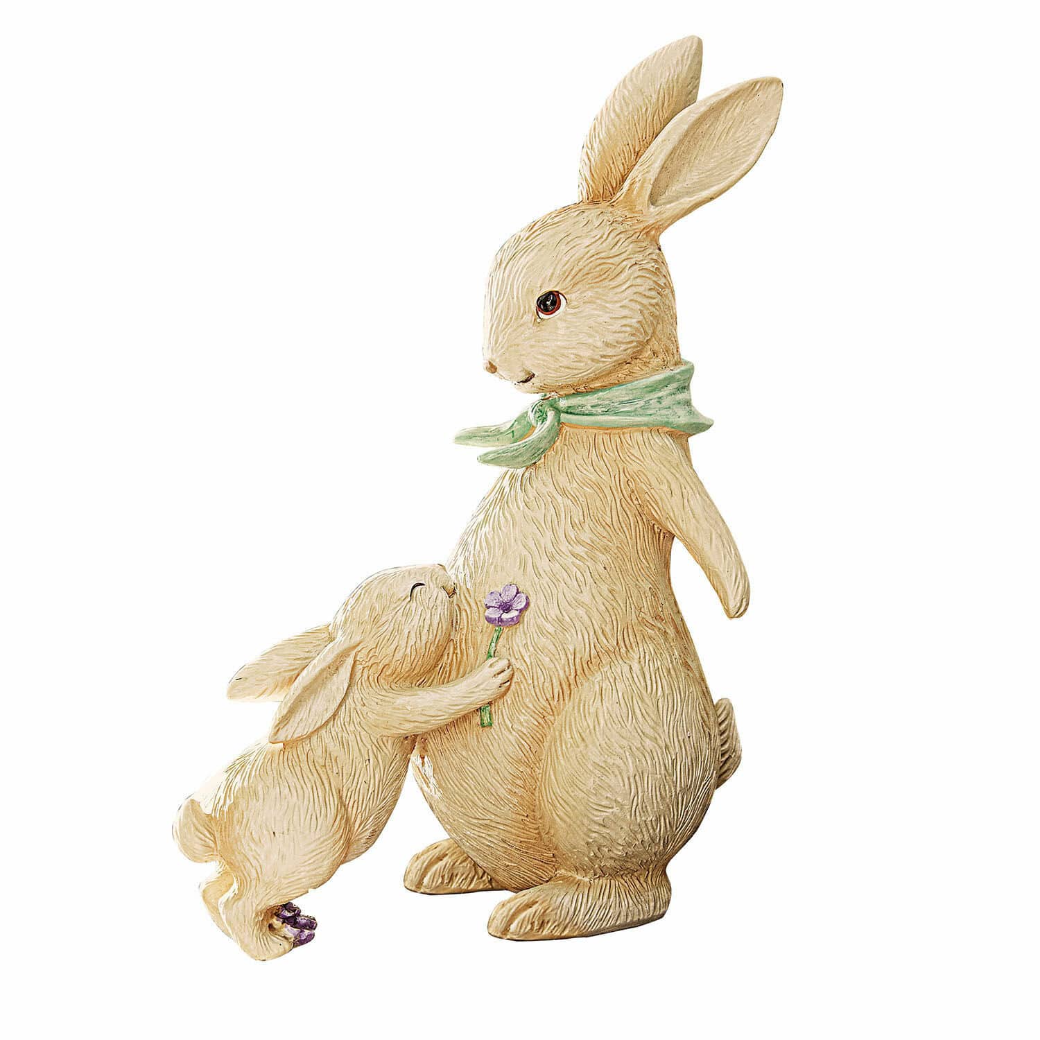 Coniglietti decorativi Susans Figura di due conigli in resina beige con sciarpa verde e fiore viola, decorazione primaverile