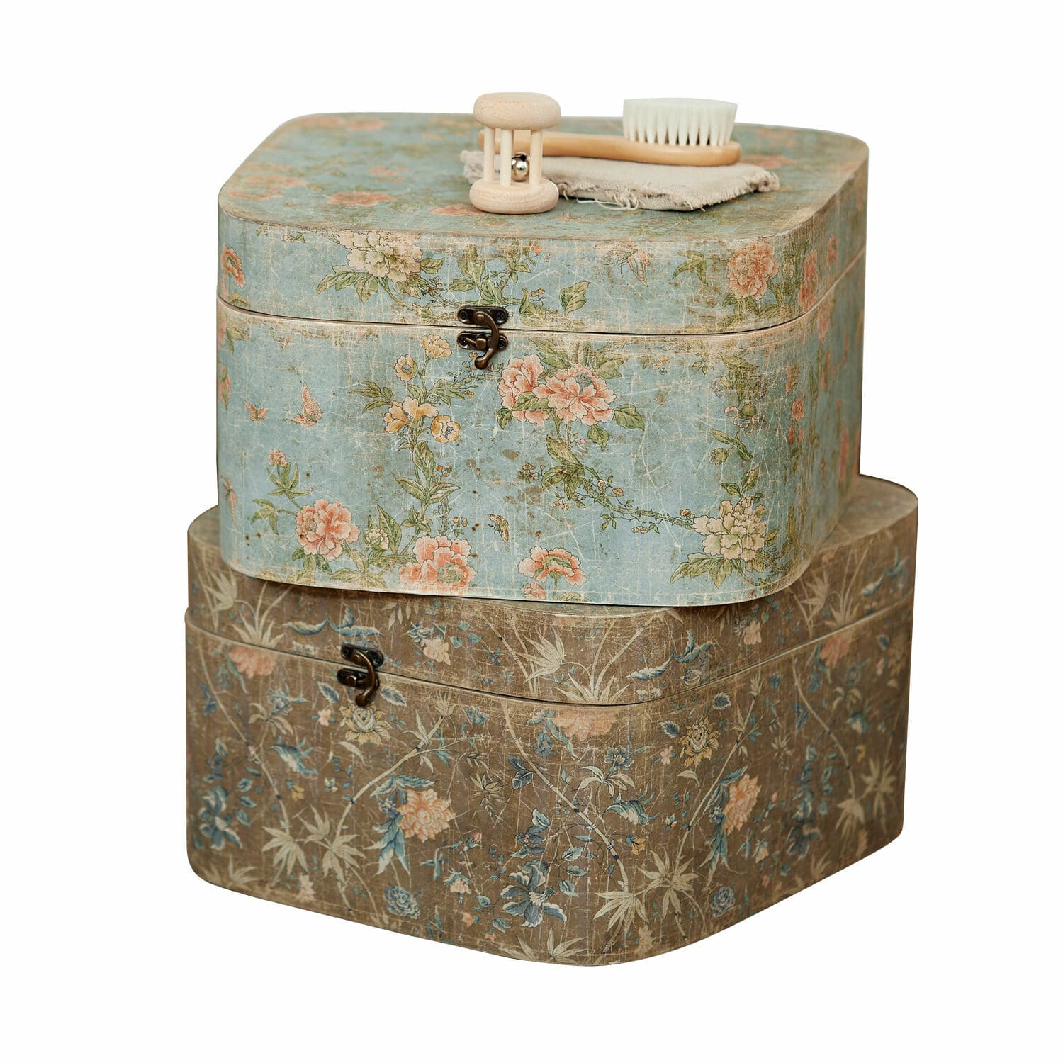 Coppia di scatole Mafleur Due scatole decorative con motivo floreale blu e marrone, stile vintage per conservazione