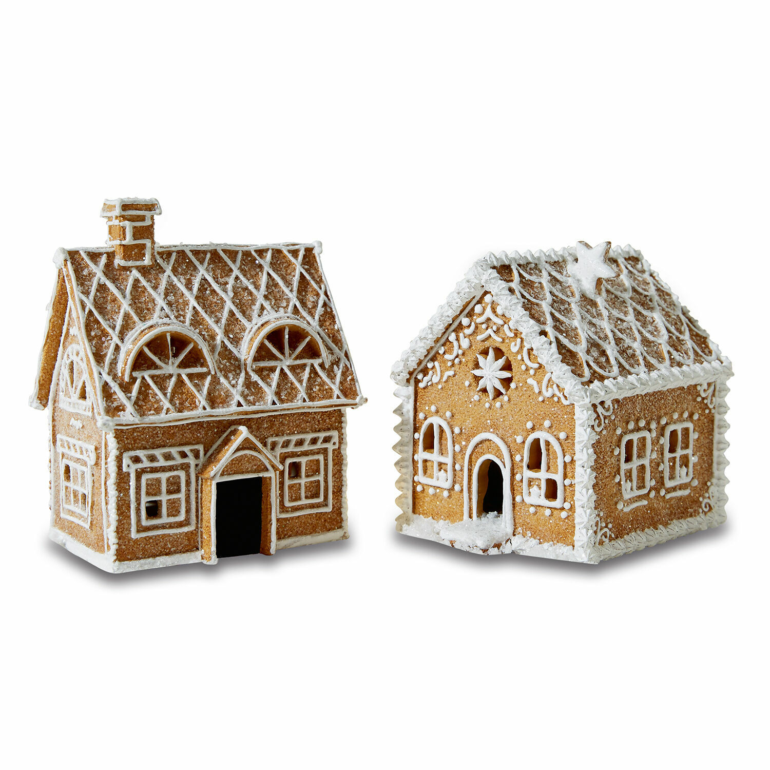 Coppia di casette decorative Tarreau Due casette di pan di zenzero con glassa bianca e decorazioni festive, decorazione natalizia