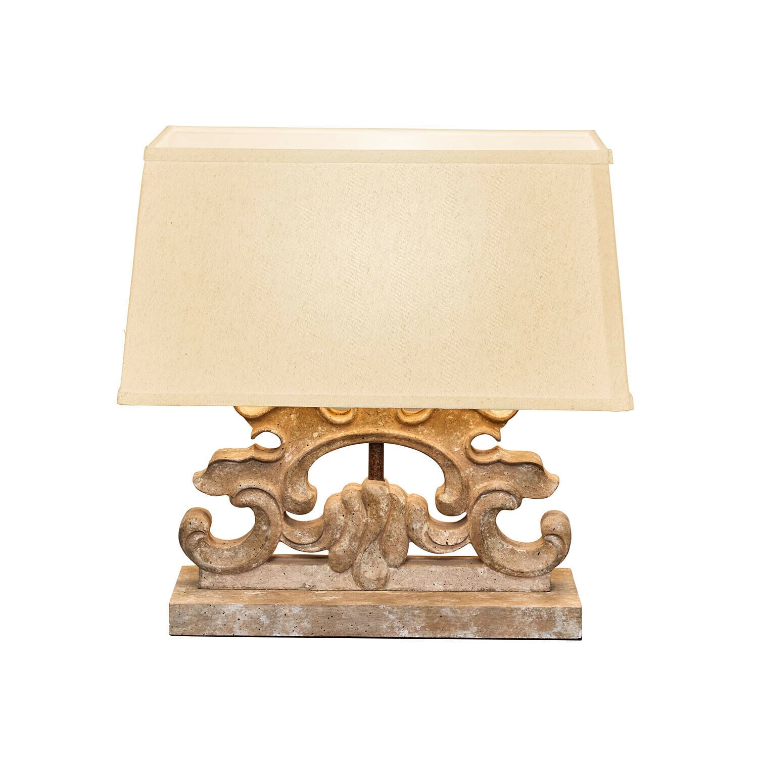 Lampada da tavolo Portenza Lampada da tavolo con paralume beige e base decorativa in pietra stile vintage