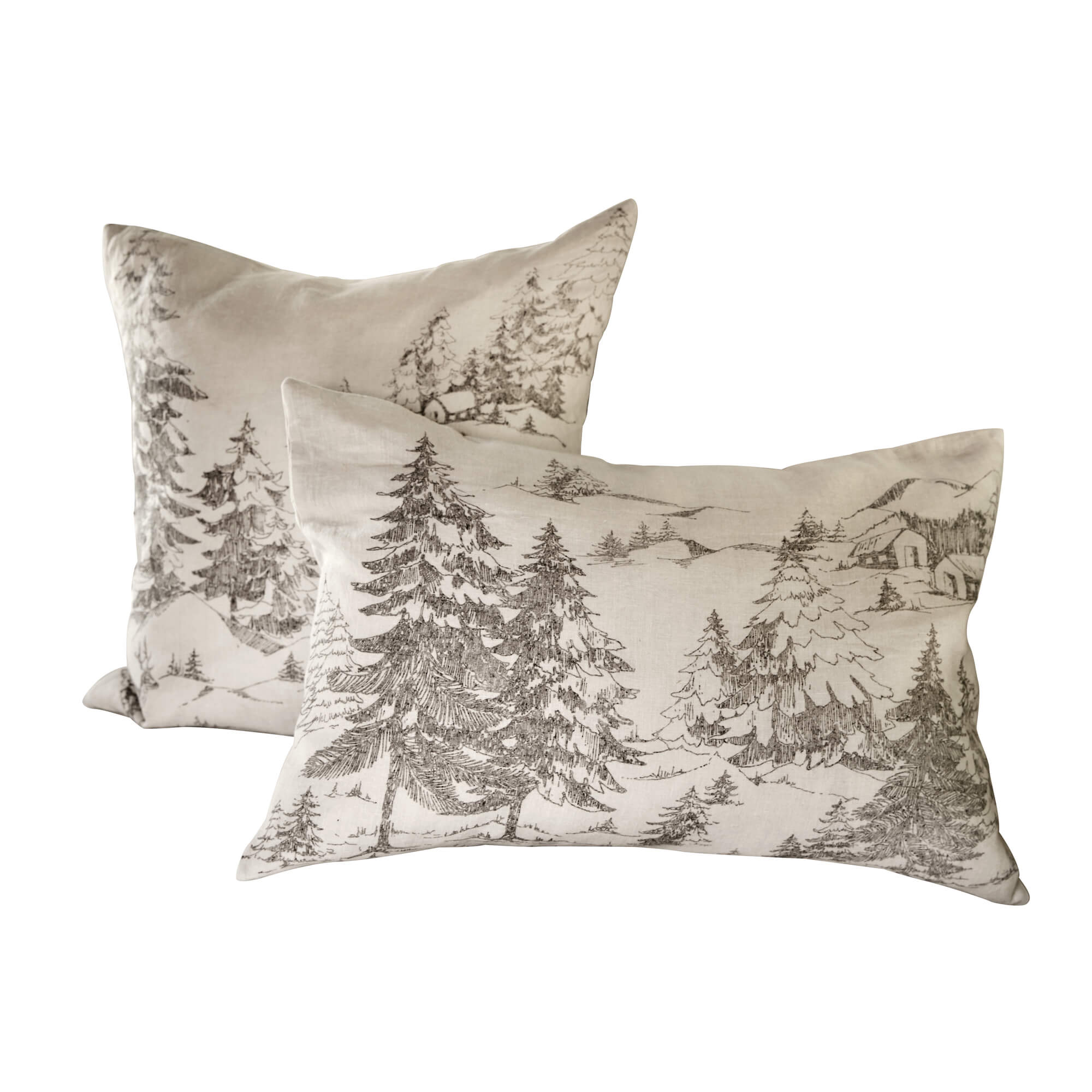 Set di due cuscini in lino beige con stampa paesaggio boschivo, cuscini decorativi per soggiorno