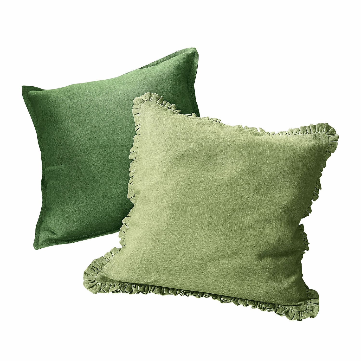 Coppia di copricuscini Mormant Set di due cuscini decorativi in lino verde, uno con volant, per soggiorno e camera da letto