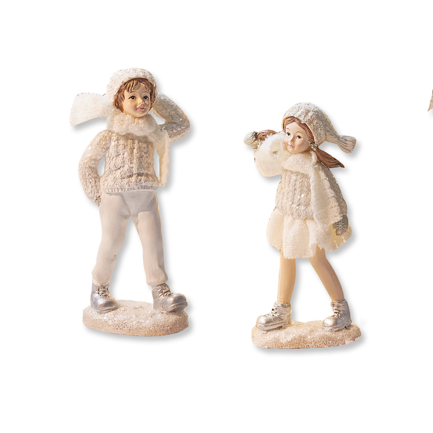 Coppia di statuine Gers Figure di bambini con abiti invernali color crema per decorazione natalizia