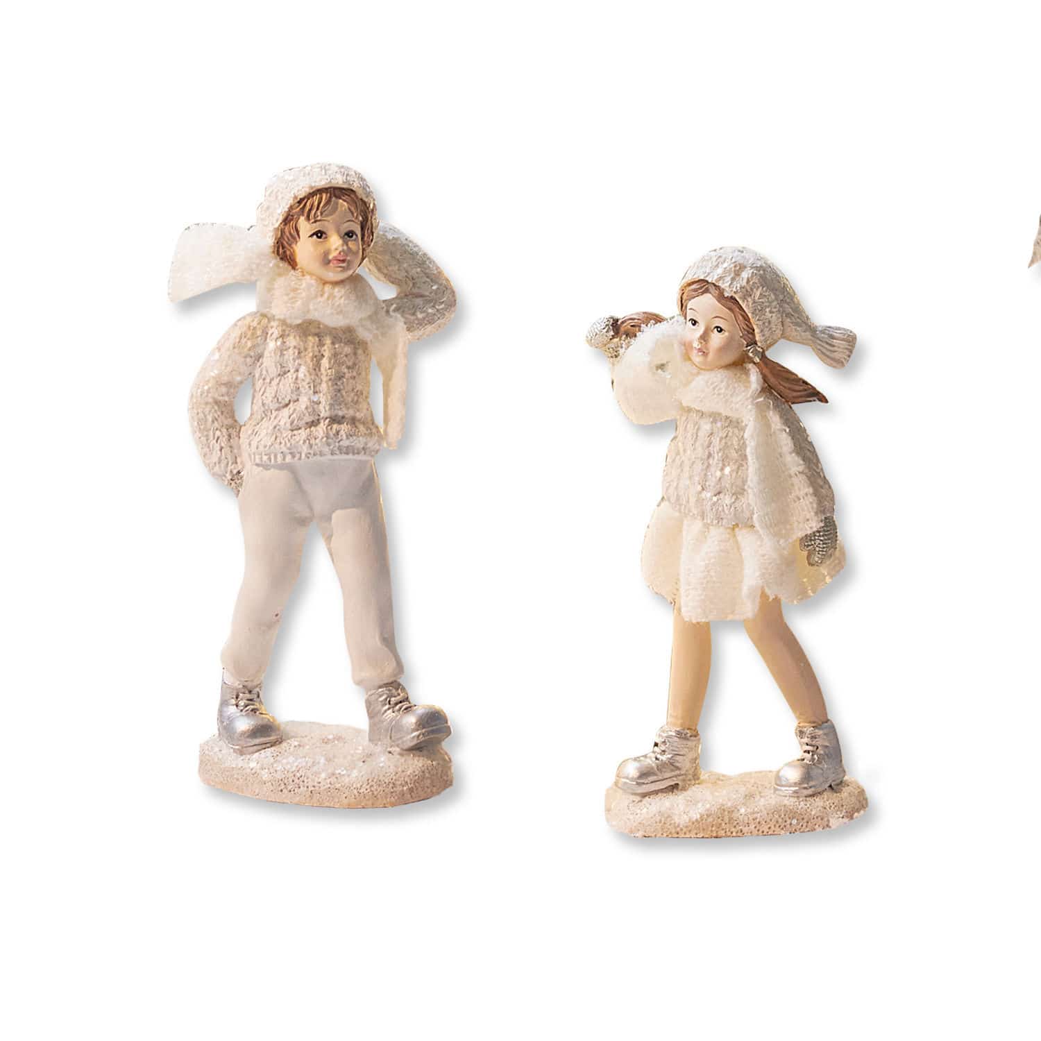 Coppia di statuine Gers Figure di bambini con abiti invernali color crema per decorazione natalizia