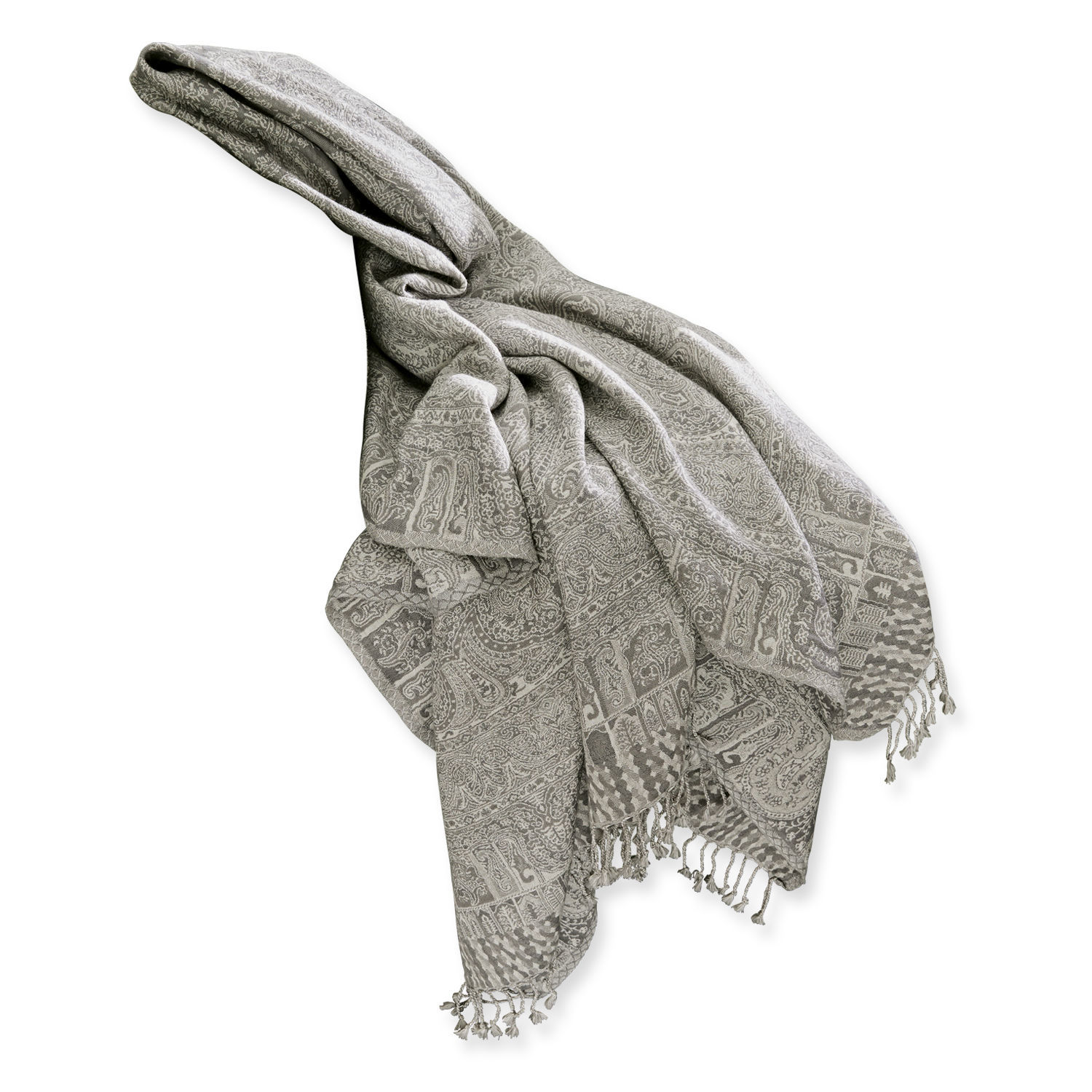 grigio Plaid grigio con motivo delicato e frange, tessuto morbido per decorazione e comfort.