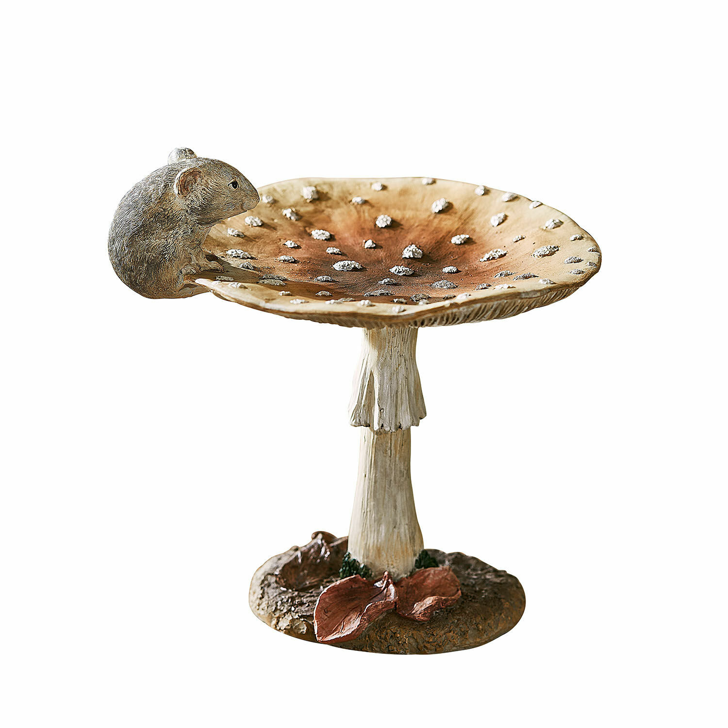 Fungo decorativo Isolise Ciotola decorativa a forma di fungo con foglie marroni e topo grigio in resina per giardino