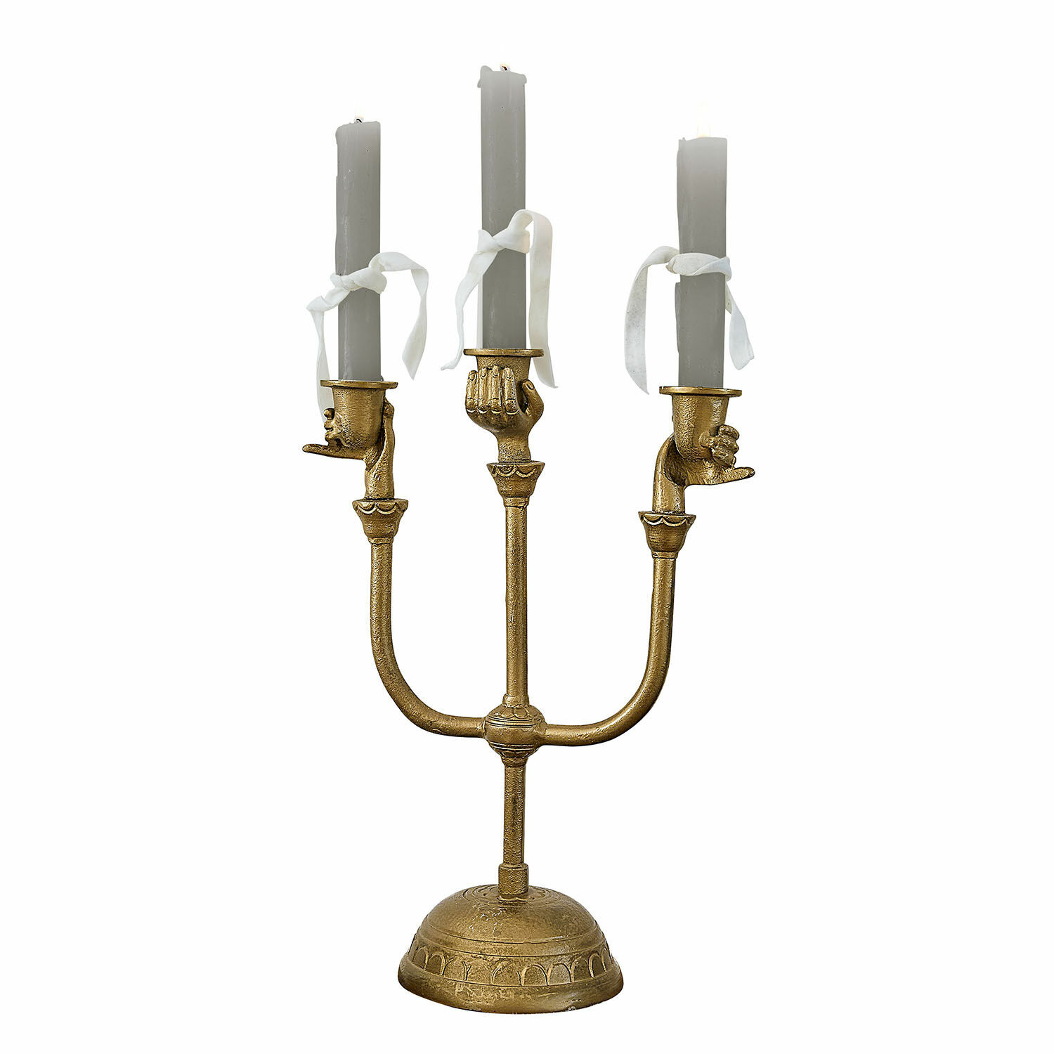 Candeliere Joravel Candelabro dorato a tre braccia con candele grigie, decorato con mani e fiocchi bianchi