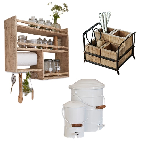 Set di organizer da cucina in legno e secchi bianchi in metallo con rubinetto per conservazione