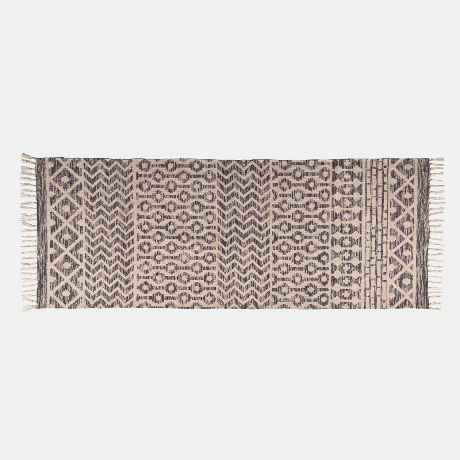 Stuoino per interni ed esterni Champigny Tappeto in cotone beige con motivi geometrici neri e frange, decorazione per interni